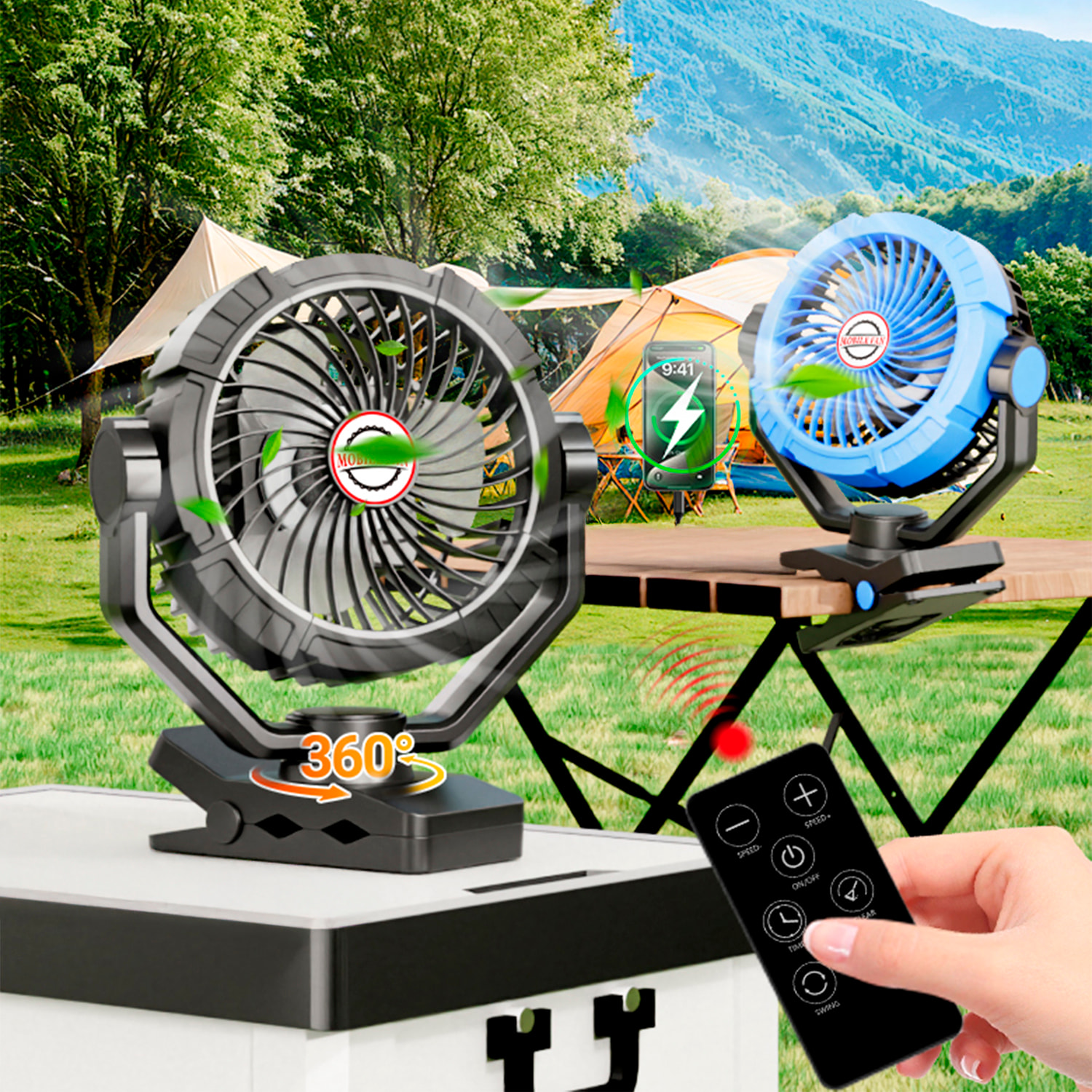 Ventilatore S01 con motore senza spazzole, LED con 8 luci, 4 velocità, 3 livelli di luce e timer. Angolo regolabile di 180º con oscillazione, gancio/morsa per appendere e powerbank di 10400 mAh.