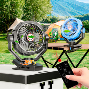 Ventilatore S01 con motore senza spazzole, LED con 8 luci, 4 velocità, 3 livelli di luce e timer. Angolo regolabile di 180º con oscillazione, gancio/morsa per appendere e powerbank di 10400 mAh.