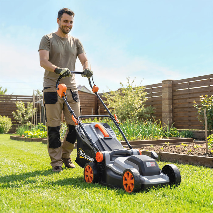 Cortacésped a Batería Inalámbrico 18V, 2 Baterías de 4Ah, Ancho de Corte 34 cm hasta 400 m², Función Mulching, Motor sin Escobillas 700 W, Bolsa 35L, 6 Alturas Corte 25-75 mm, Mango Ajustable