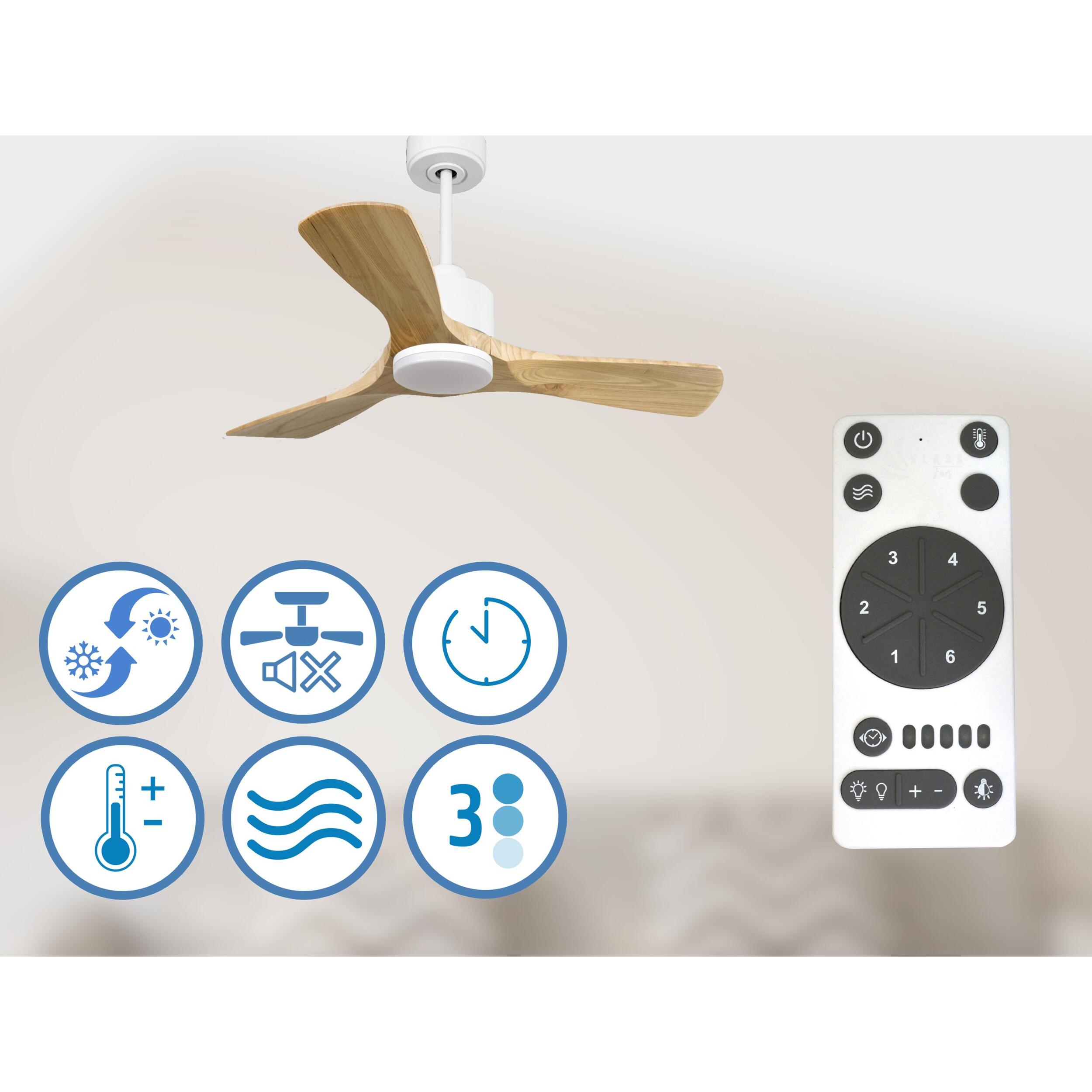 Ventilador de techo Reversible Termostato Dimable Wifi Motor DC Techos Inclinados Mando a Distancia Luz tres tonos Hypersilence Memoria RarotongaD106C03LED64952 PURLINE