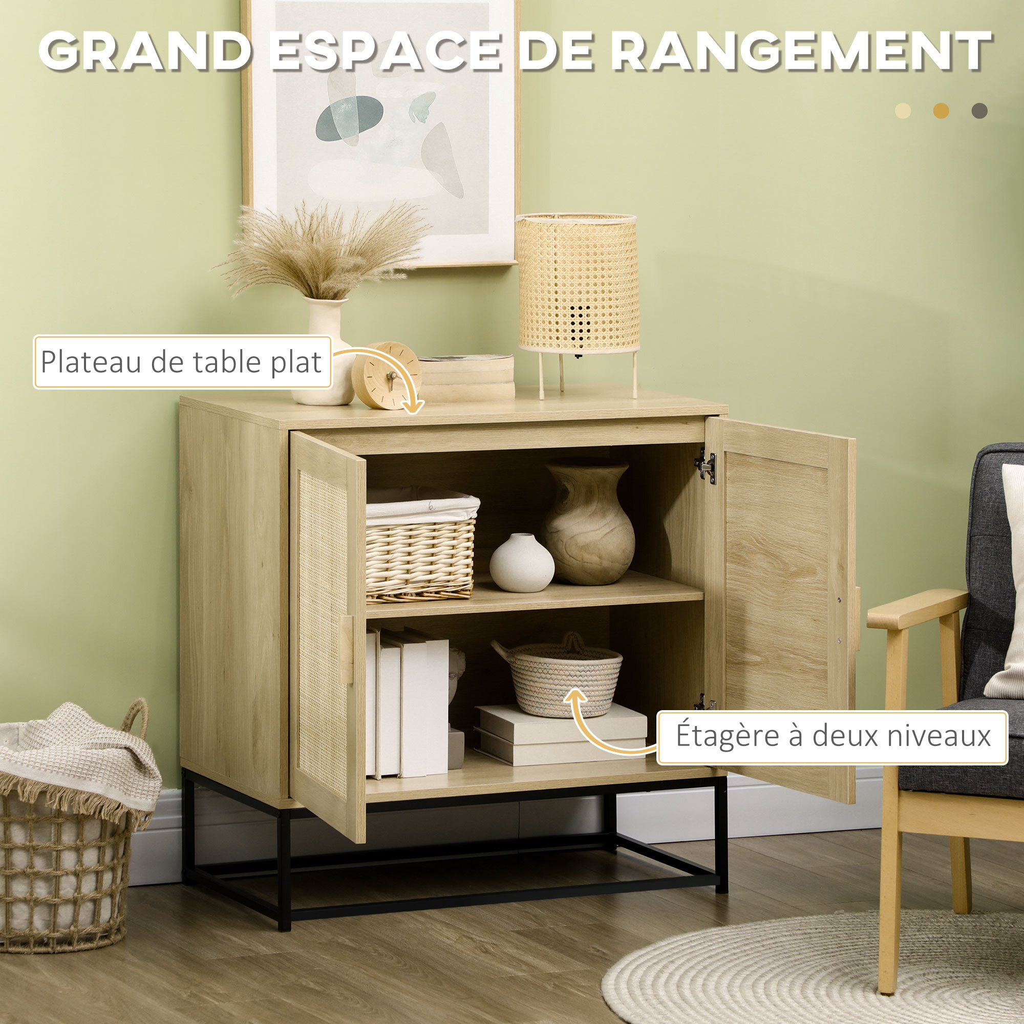 Buffet 2 portes cannage rotin avec étagère piètement acier noir poignées bois pin aspect chêne clair
