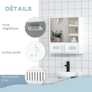 Armoire murale de salle de bain avec miroir - armoire à glace - placard de rangement toilettes - 4 portes, étagère - verre MDF blanc