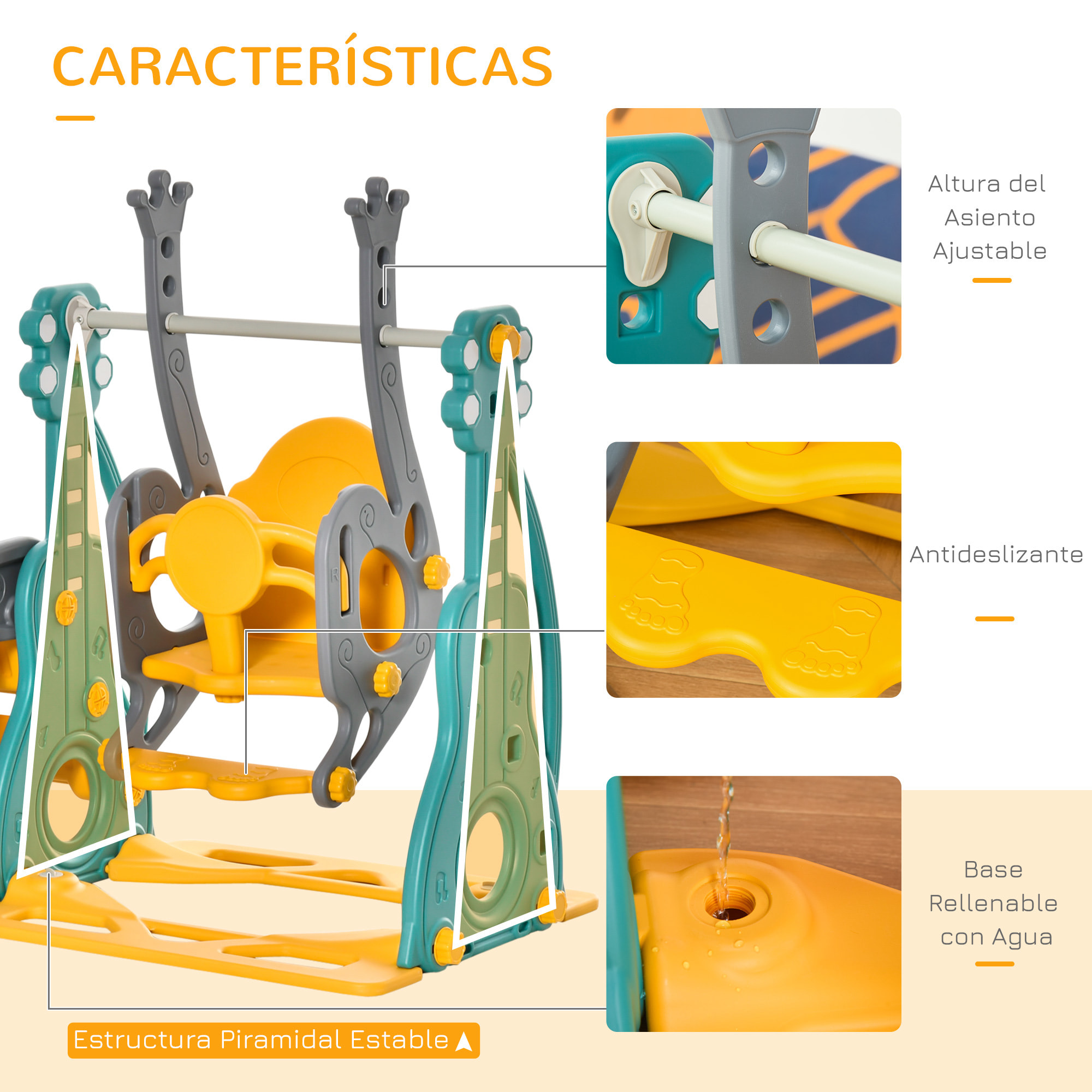 Tobogán Infantil con Columpio y Canasta Baloncesto 18-36 Meses Asiento Ajustable