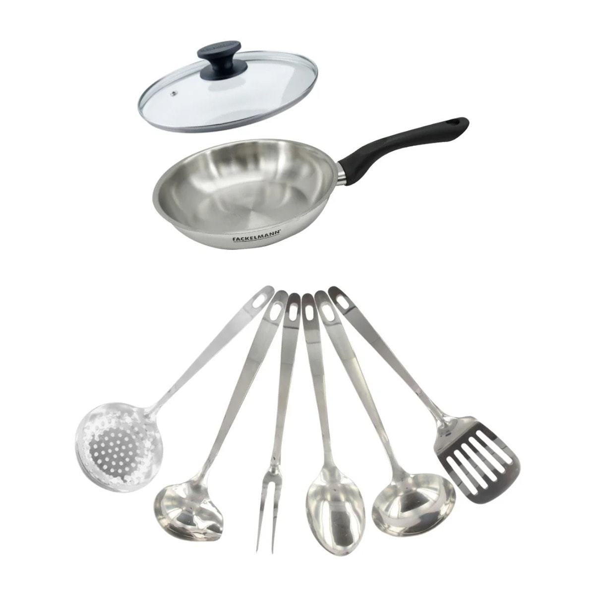 Set poêle 20 cm en inox, couvercle verre et 6 ustensiles inox Fackelmann Geneva