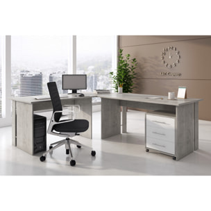 Set Ufficio Completo Con 2 Scrivanie 1 Modulo Ad Angolo 1 Cassettiera Con Ruote 2 Armadi Alto e Basso 2 Librerie Alta E Bassa Bianco E Grigio Cemento