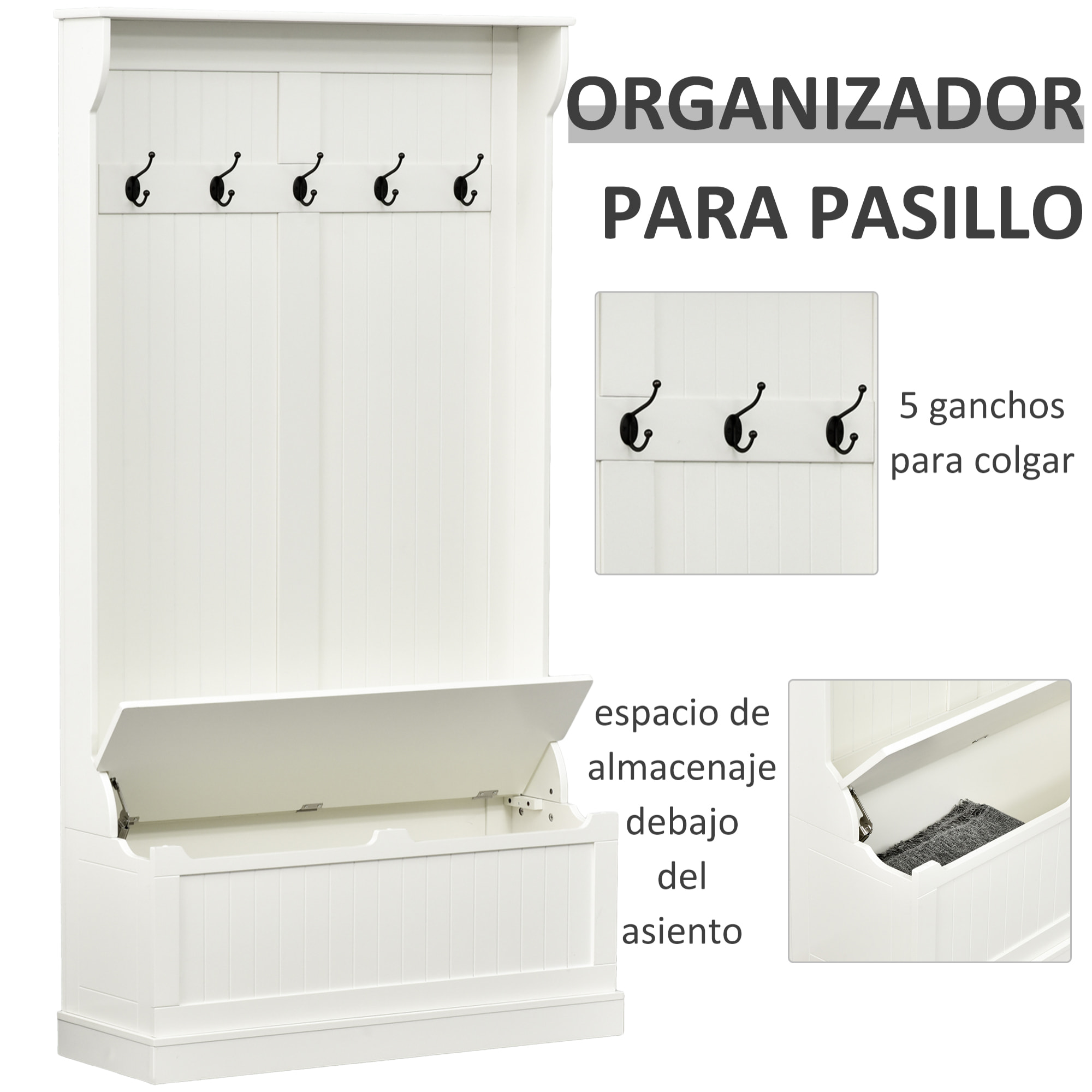 Perchero con Banco de Madera MDF 96x34x179,7cm Marfil