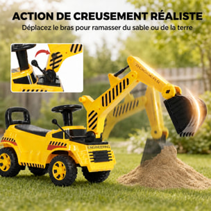 Trotteur porteur tractopelle pelleteuse avec casque et klaxon jaune noir