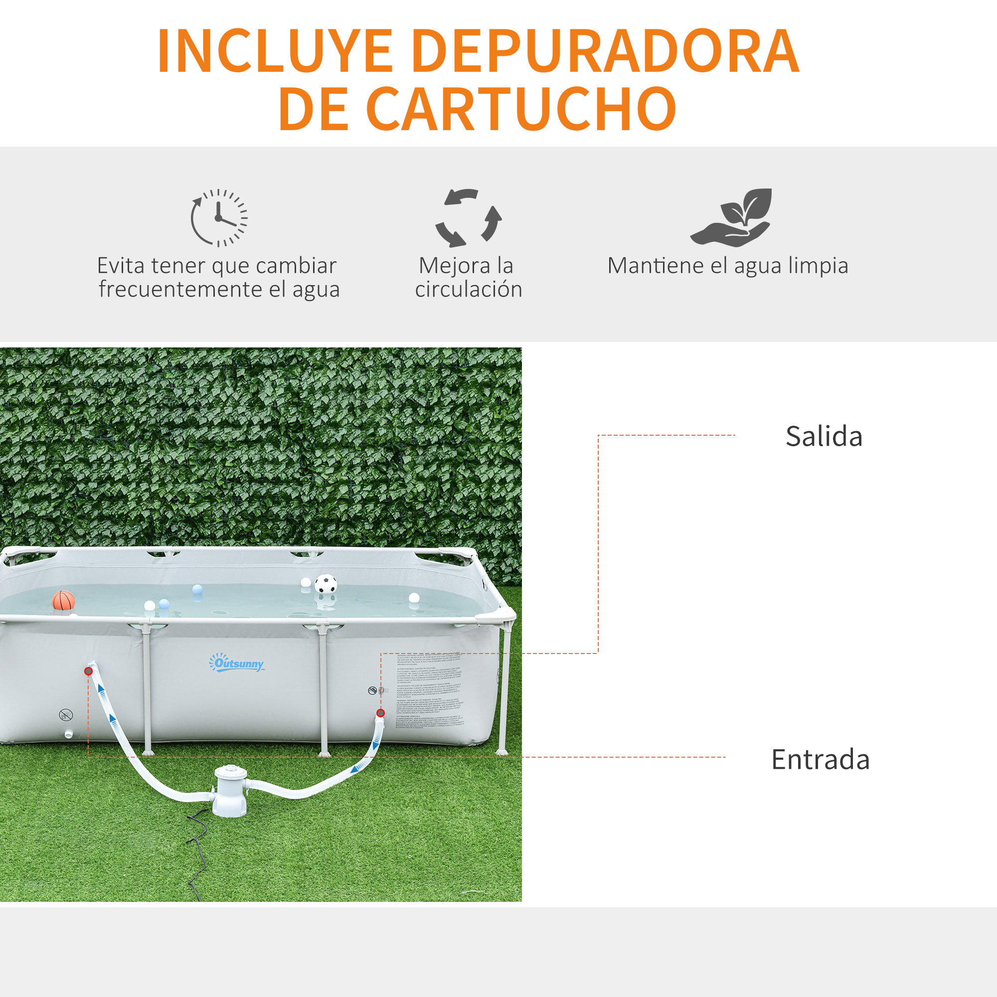 Piscina Desmontable 2163L Rectangular con Depuradora Cartucho 252x152x65 cm Gris