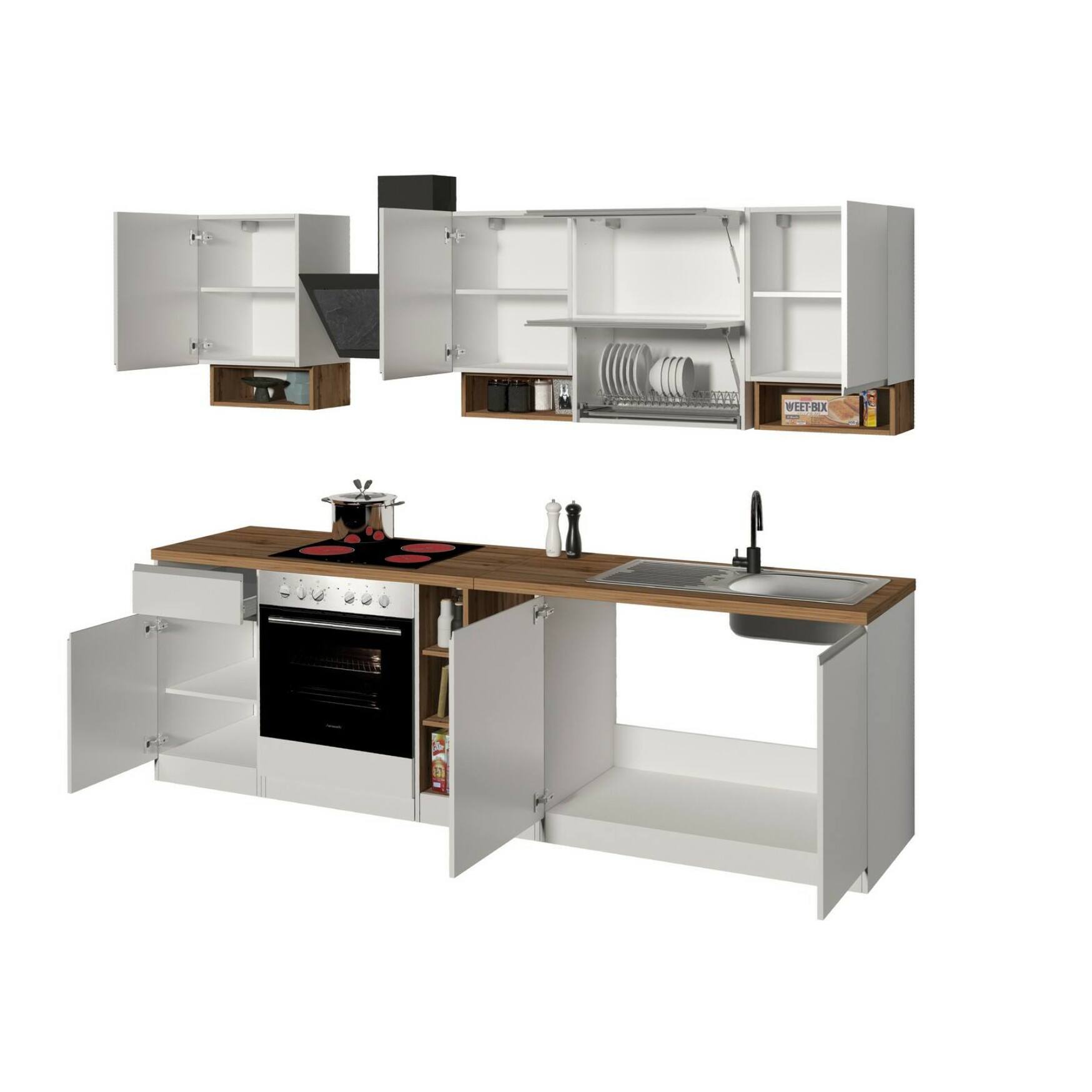 Cucina completa Dceccaron, Cucina pratica e salvaspazio, Parete da cucina con 8 ante e 1 cassetto, 100% Made in Italy, 255x60h85 cm, Bianco lucido e Rovere