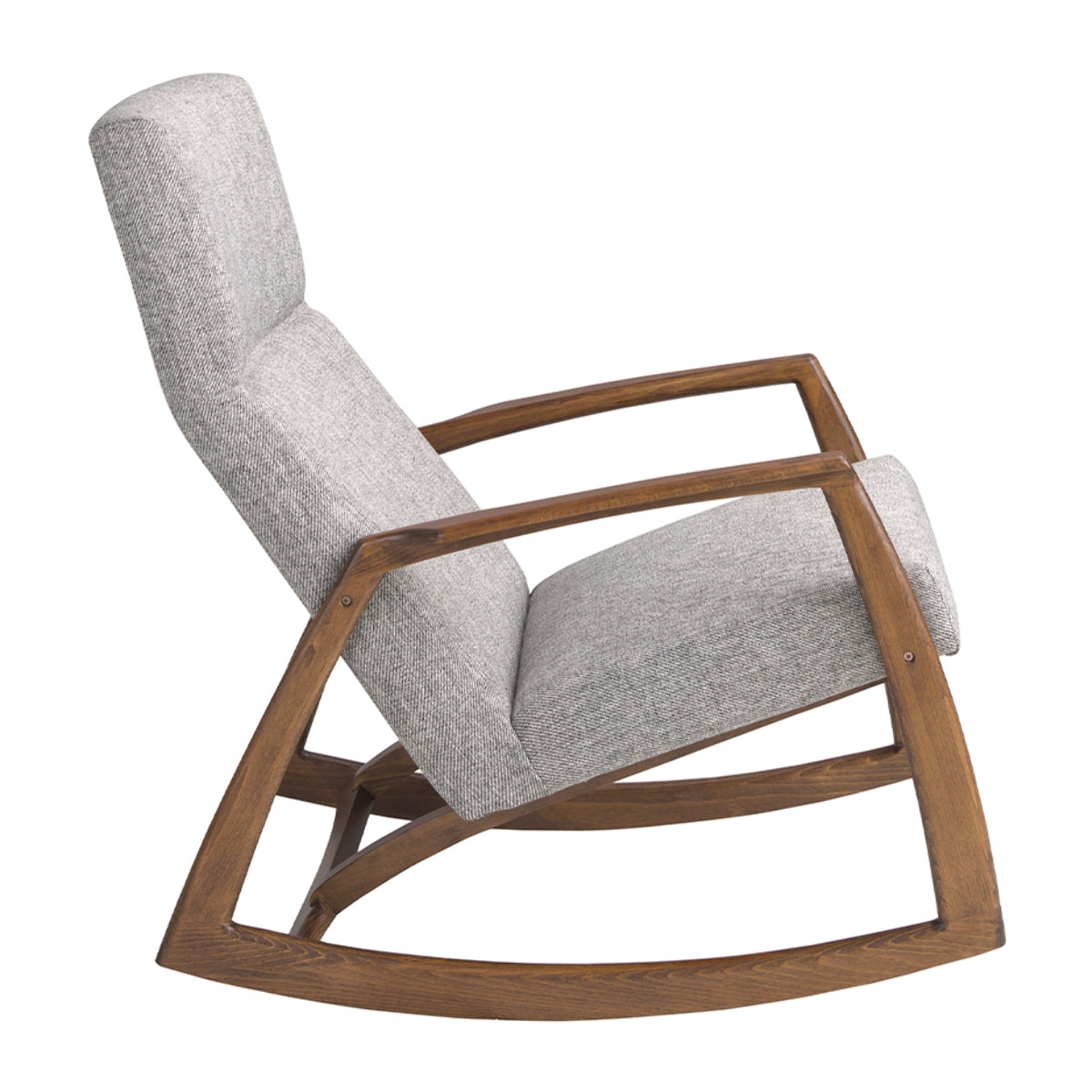 Sillón Angel Cerdá mecedora con reposabrazos tapizado en tela en gris con estructura y patas en madera chapada en nogal natural 68x90x96cm
