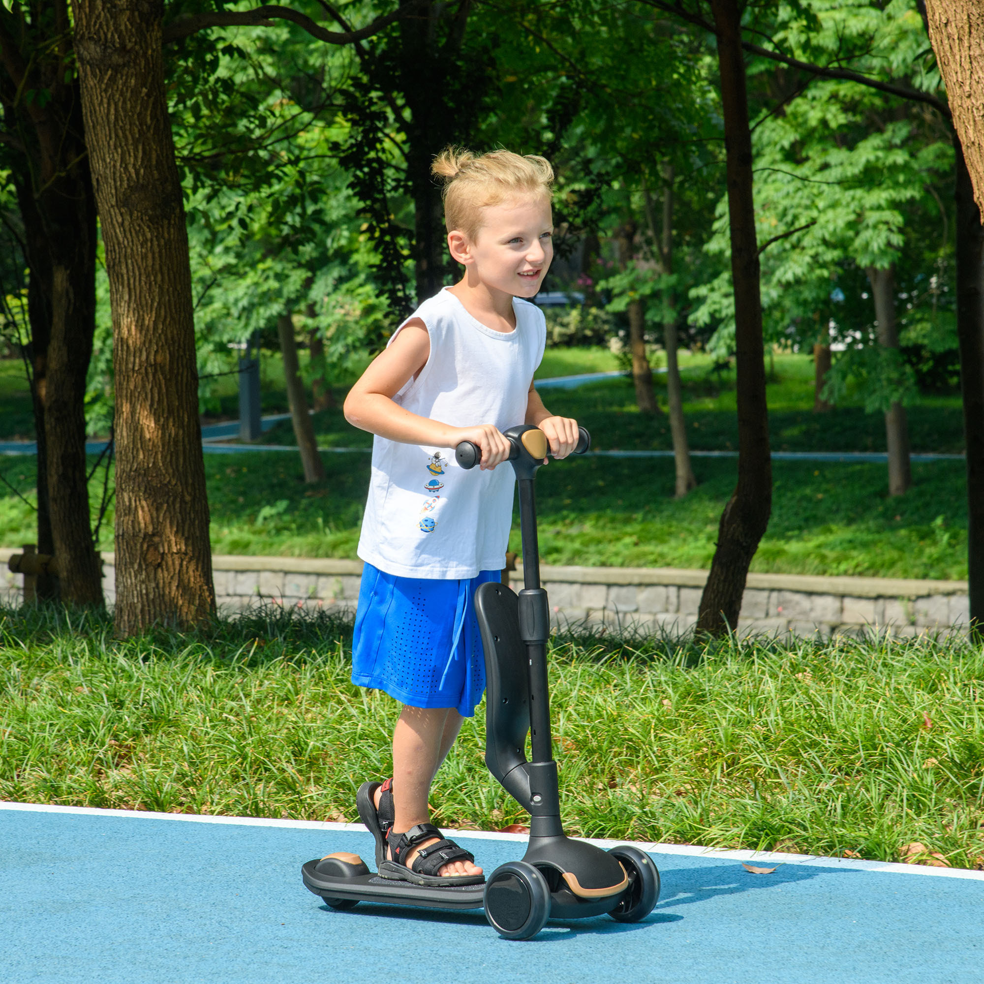 Patinete para Niños 2 en 1 Patinete Infantil Asiento Plegable con Altura Ajustable 3 Ruedas Brillantes para +18 Meses Carga 50 kg 58x31x64-79 cm Negro