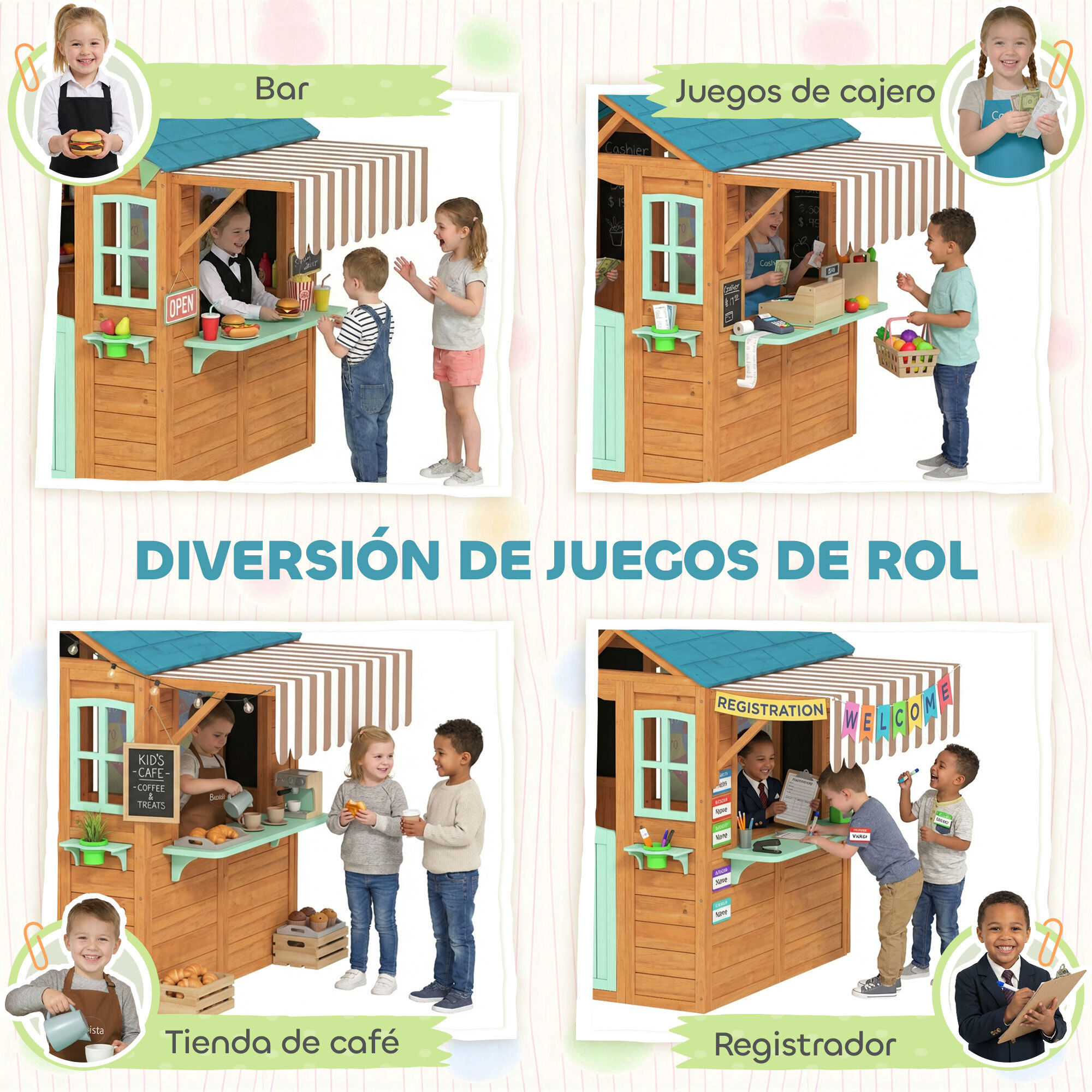 Casita Infantil Exterior e Interior de Madera, Casita Infantil con Barra de Snack, Maceteros, Pizarra, Ventanas, Tela para Tiro y 4 Pelotas, Casa de Jardín para Niños de 3-6 Años, Multicolor