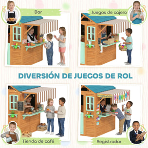 Casita Infantil Exterior e Interior de Madera, Casita Infantil con Barra de Snack, Maceteros, Pizarra, Ventanas, Tela para Tiro y 4 Pelotas, Casa de Jardín para Niños de 3-6 Años, Multicolor