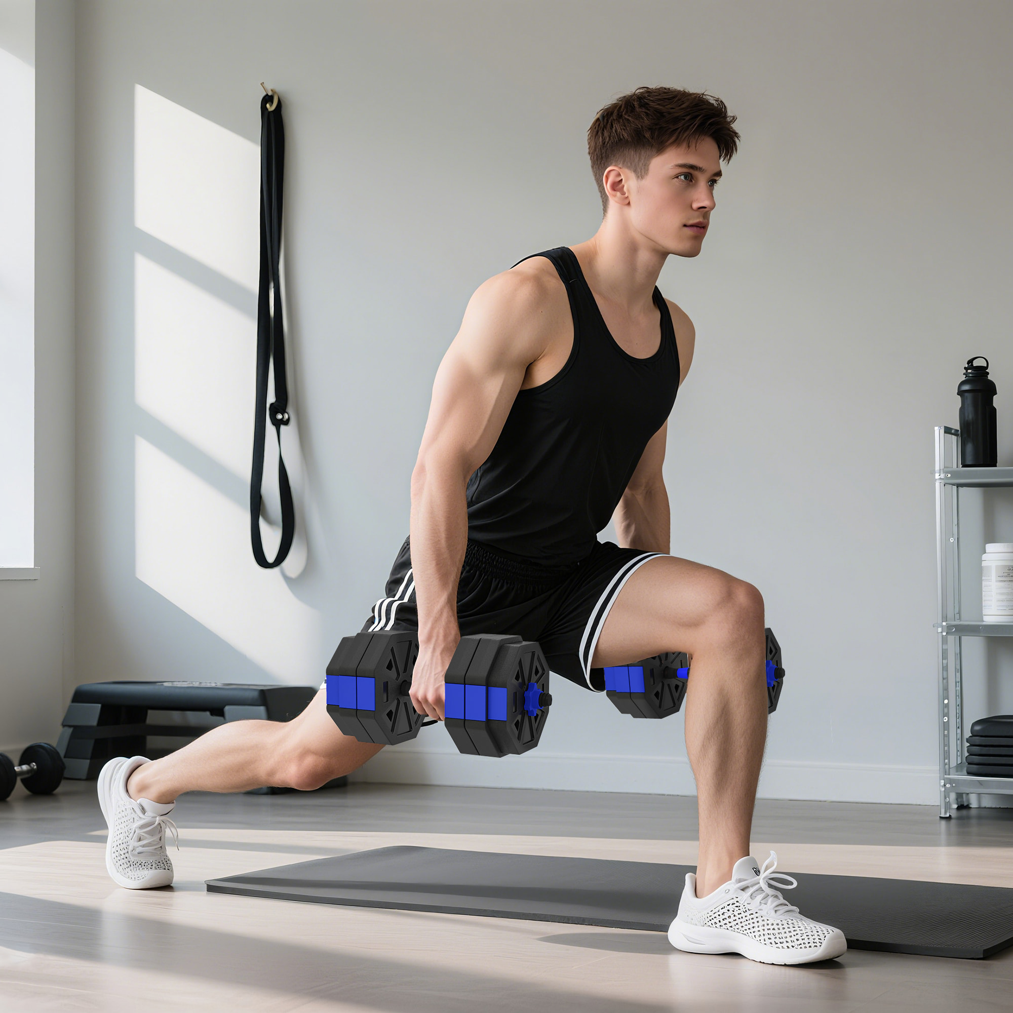 Ensemble d'haltères musculation multifonction 4 en 1 - haltères, kettlebell, push-up support, Olympic barre - total 30Kg - PVC bleu noir