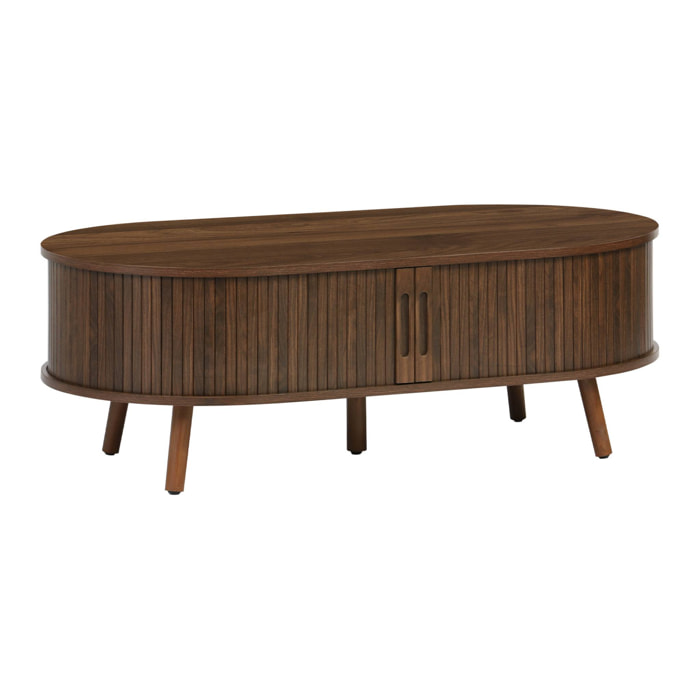 Table basse 2 portes coulissantes avec 3 compartiments effet bois rainuré noyer. L 110 x P 59 x H 39cm