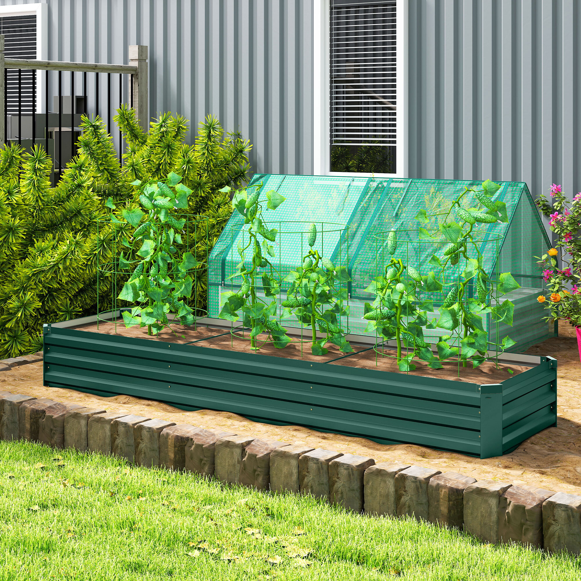 Jardinera Exterior Grande Rectangular de Acero Galvanizado, Huerto Urbano para Cultivar Plantas Hierba, Macetero Grande Exterior con Base Abierta Resistente a la Intemperie 240x60x30 cm Verde