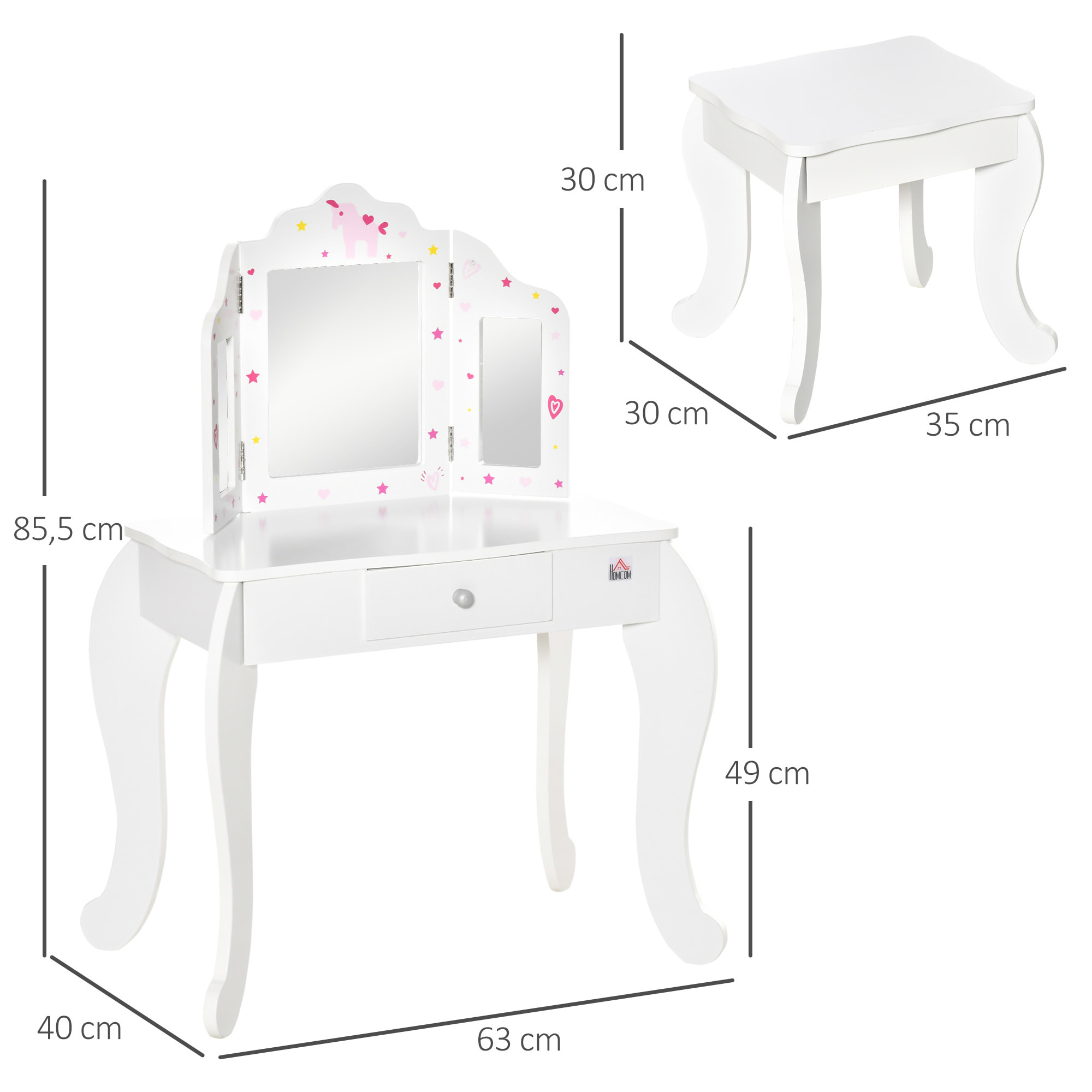 Coiffeuse enfant avec tabouret, miroir triptyque et tiroir coulissant - coiffeuse dim. 63L x 40l x 85,5H cm - MDF blanc, rose