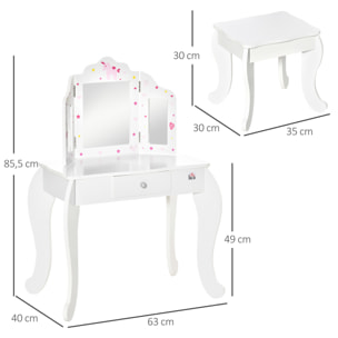 Coiffeuse enfant avec tabouret, miroir triptyque et tiroir coulissant - coiffeuse dim. 63L x 40l x 85,5H cm - MDF blanc, rose