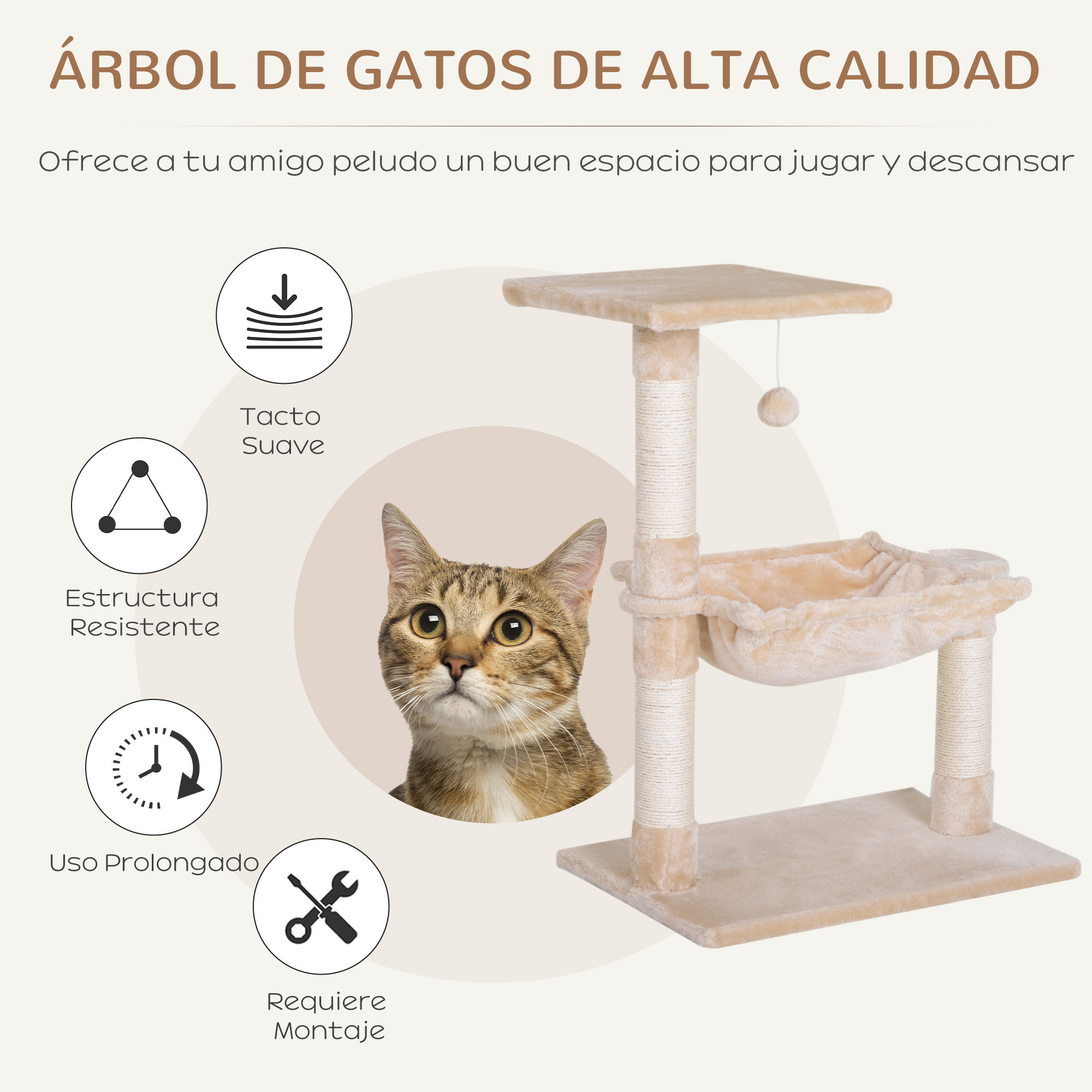 árbol Rascador para Gatos de Sisal Natural 50x36x70cm Beige