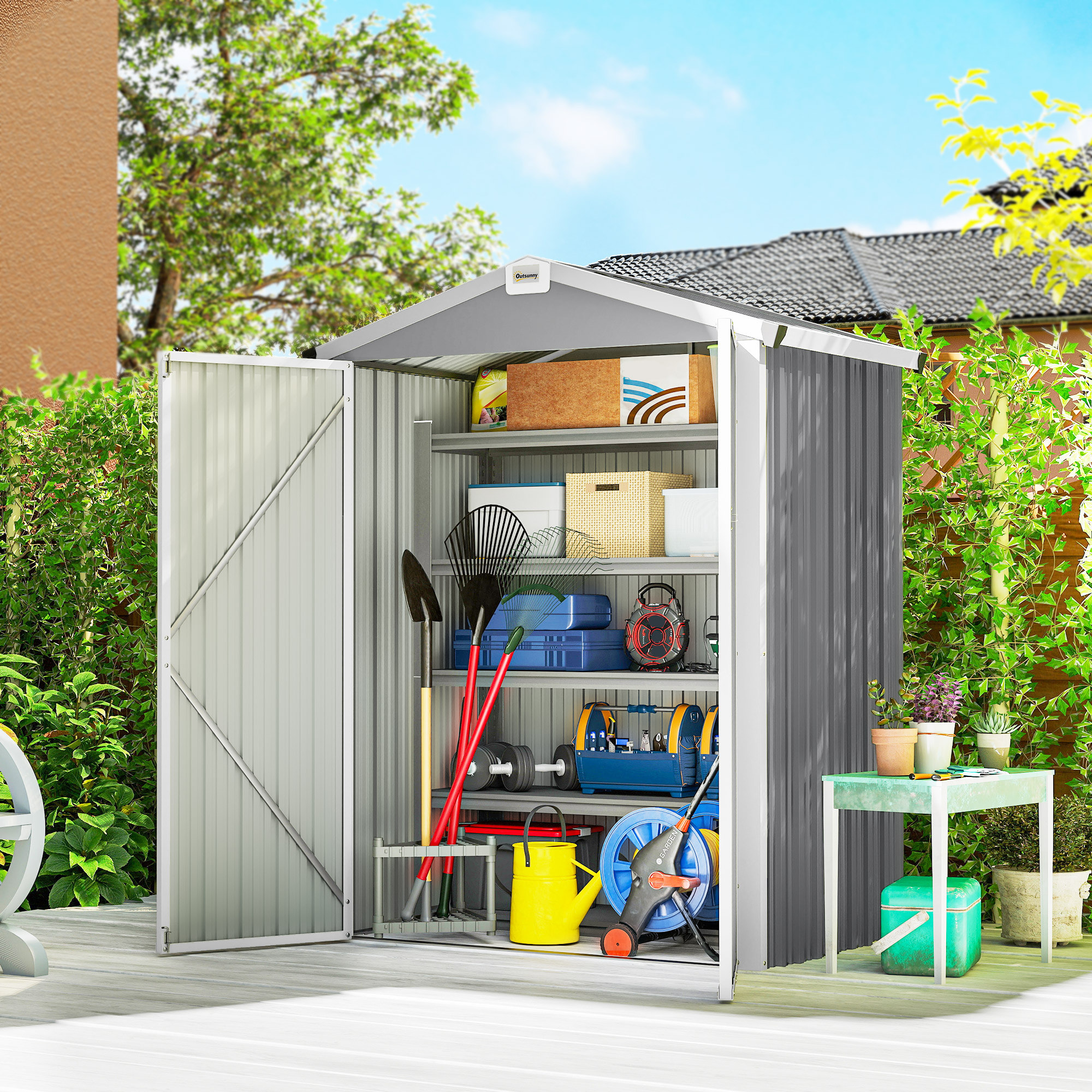Caseta de Jardín Exterior 1,1 m², 133x87x178 cm, Cobertizo de Jardín Exterior Metálico con Puertas Correderas, Techo Inclinado y Guantes, para Almacenaje de Herramientas Bicicletas, Gris