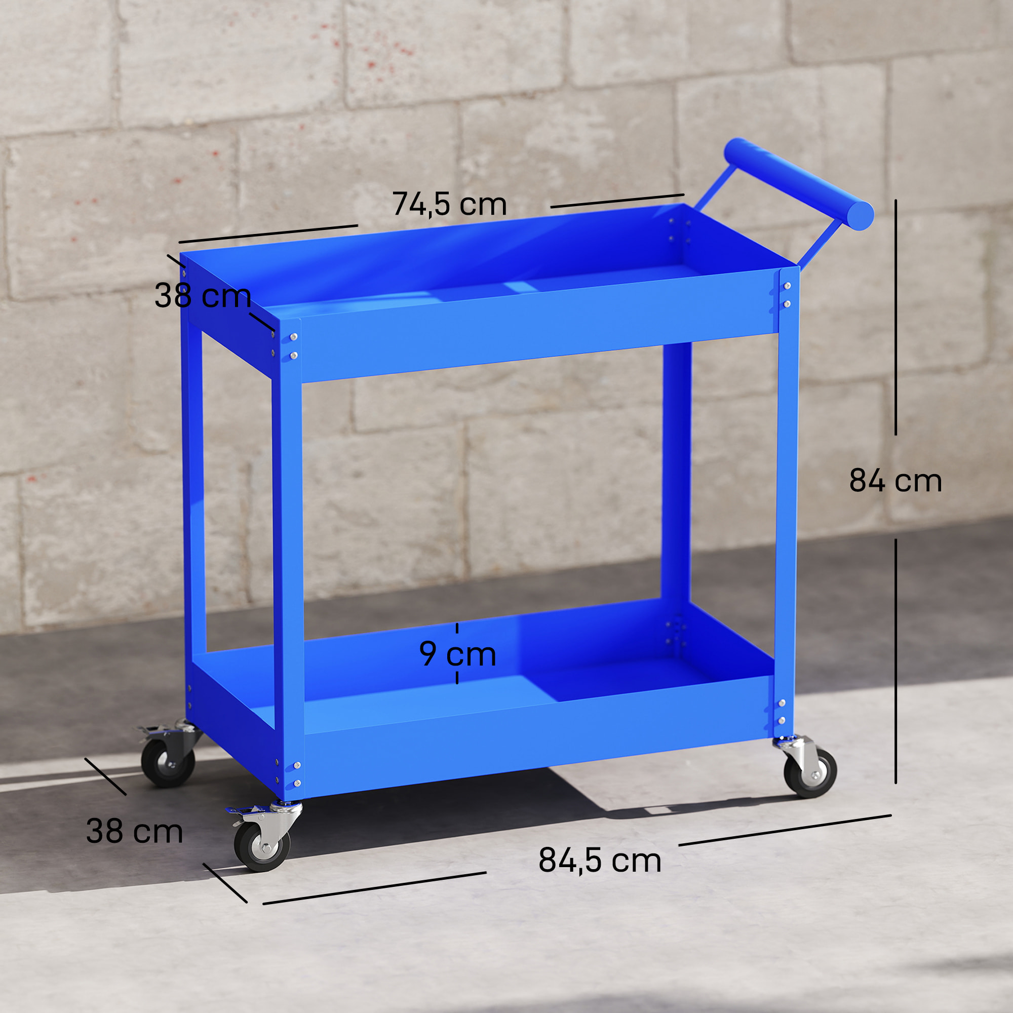 Chariot desserte d'atelier en acier 2 plateaux sur roulettes avec poignée - charge max. 150 kg - 84,5 x 38 x 84 cm bleu