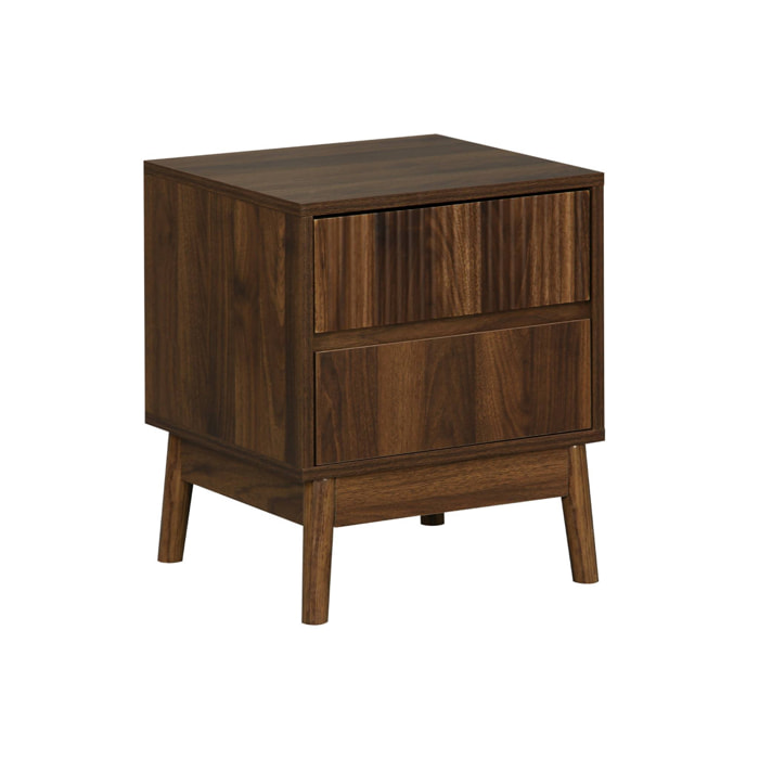 Table de chevet deux tiroirs. décor bois de noyer et piétement en pin - Linear