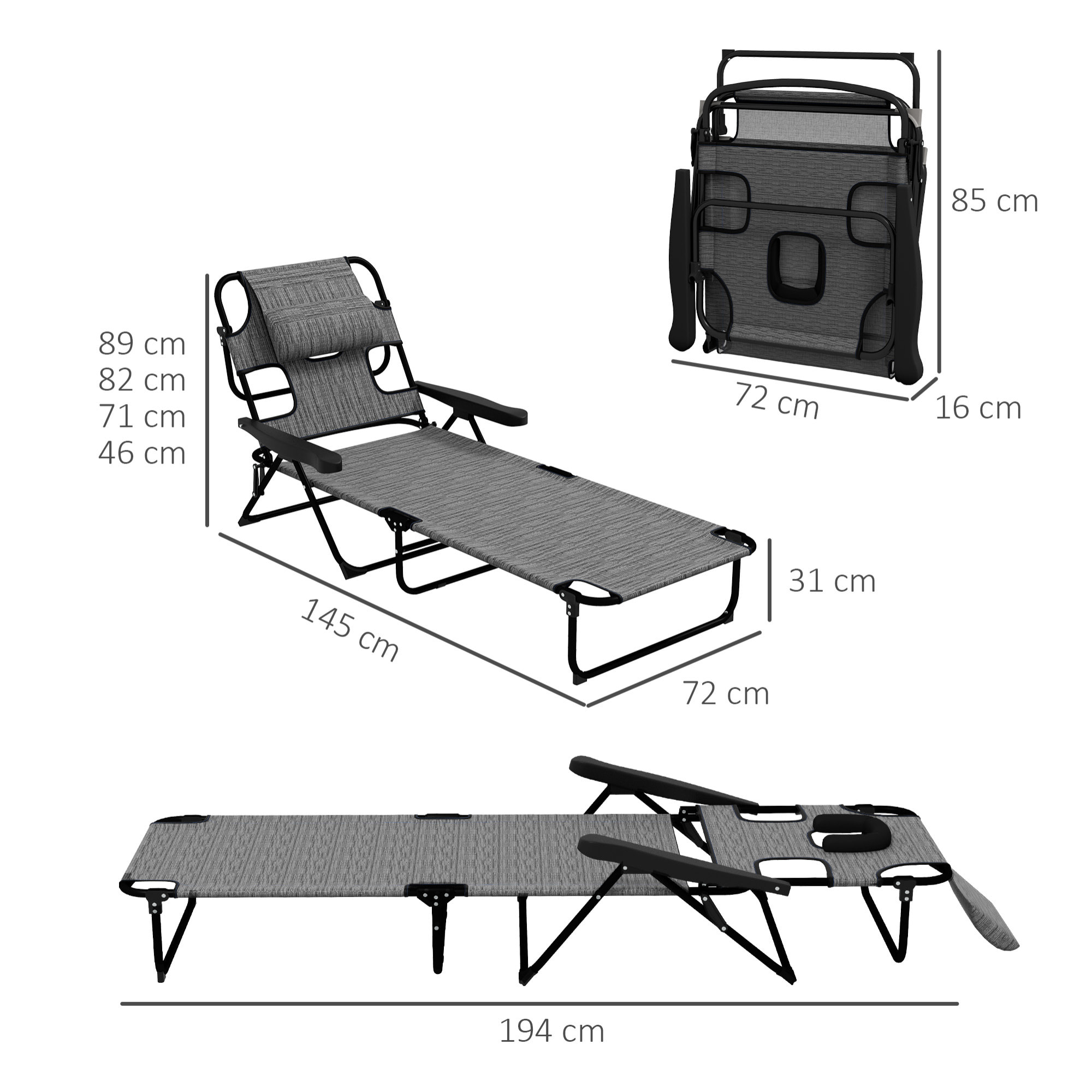 Conjunto de 2 Tumbonas Plegables Tumbonas de Jardín con Respaldo Ajustable en 4 Niveles Orificio de Lectura y Reposacabezas para Terraza Piscina 194x72x31 cm Gris