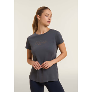 T-shirt donna con mini spacchi laterali e logo in strass