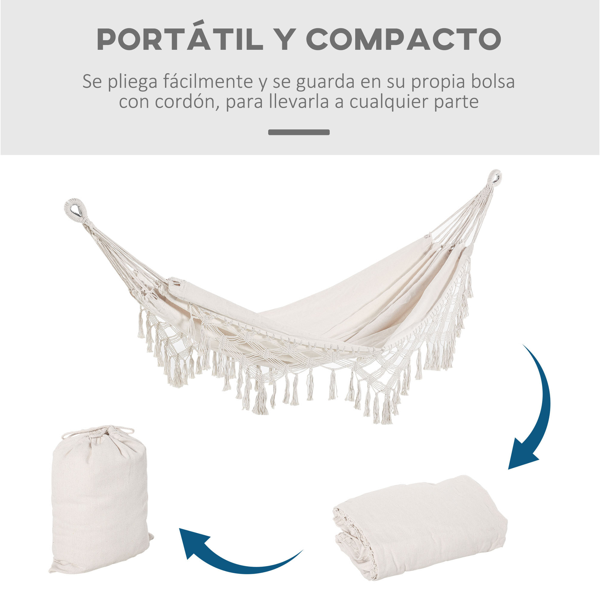 Hamaca Colgante 288x150 cm Hamaca de Jardín de Estilo Boho con Bolsa de Transporte Carga 180 kg Hamaca para Patio Terraza Balcón Camping Crema