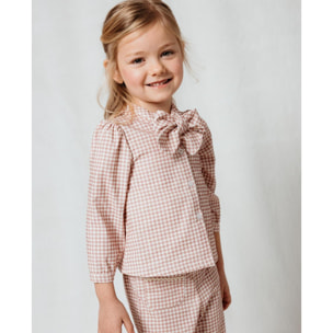 Camisa Rosa De Pana Con Cuadros y Lazo