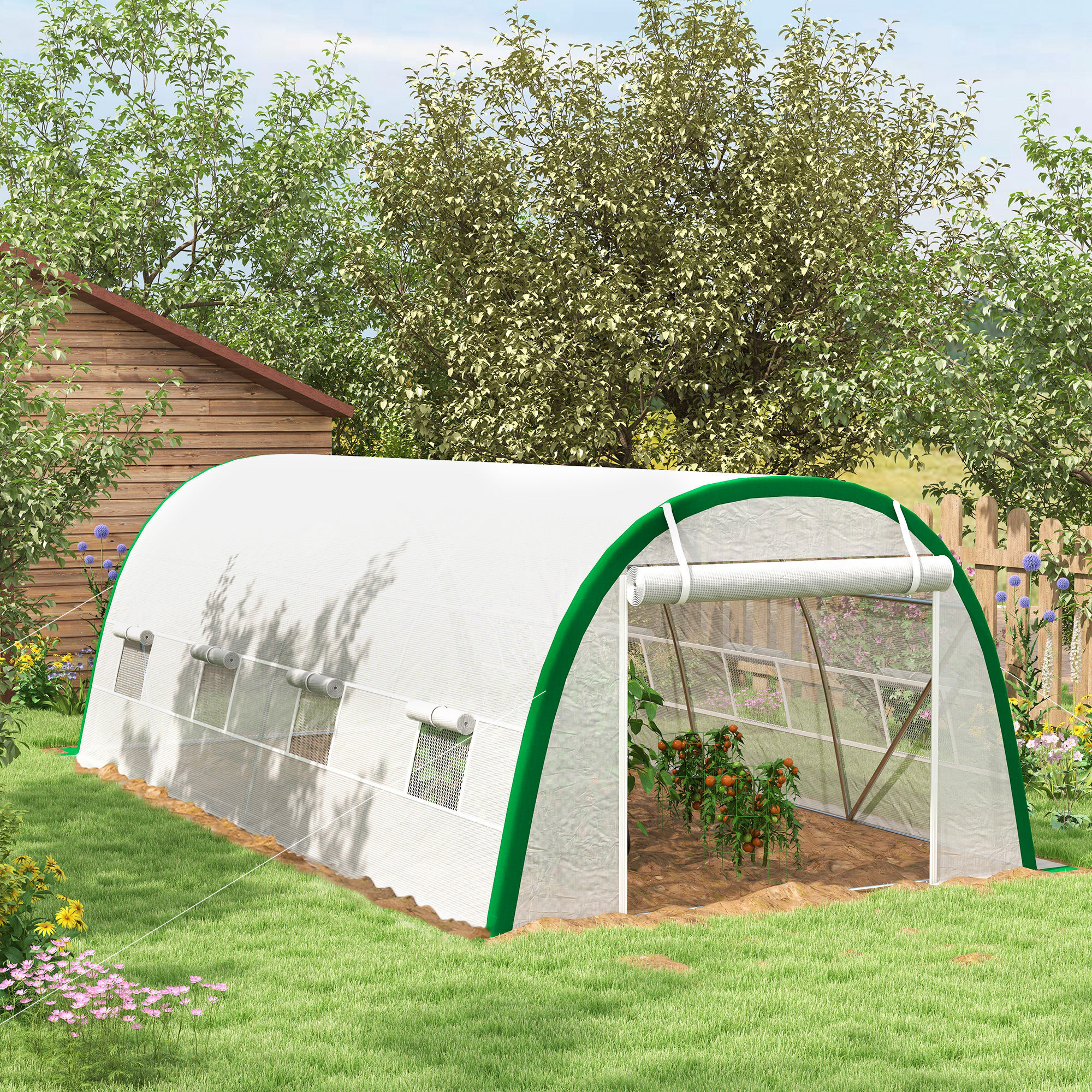 Invernadero de Exterior 6x3x2 m, Invernadero de Túnel con Puerta Enrollable, 8 Ventanas de Malla, Cubierta PE 140g/m², Marco de Acero Galvanizado, Anti-UV, para Cultivos, Plantas, Blanco
