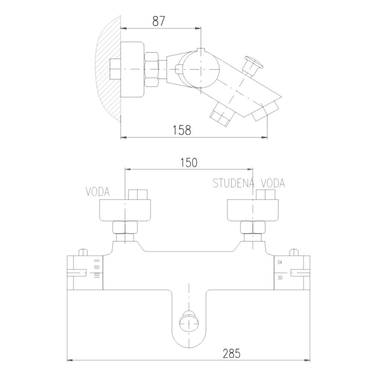 S-Line Pro mitigeur de baignoire thermostatique mural, 150 mm, chrome (SIKOBSLPRO222T)