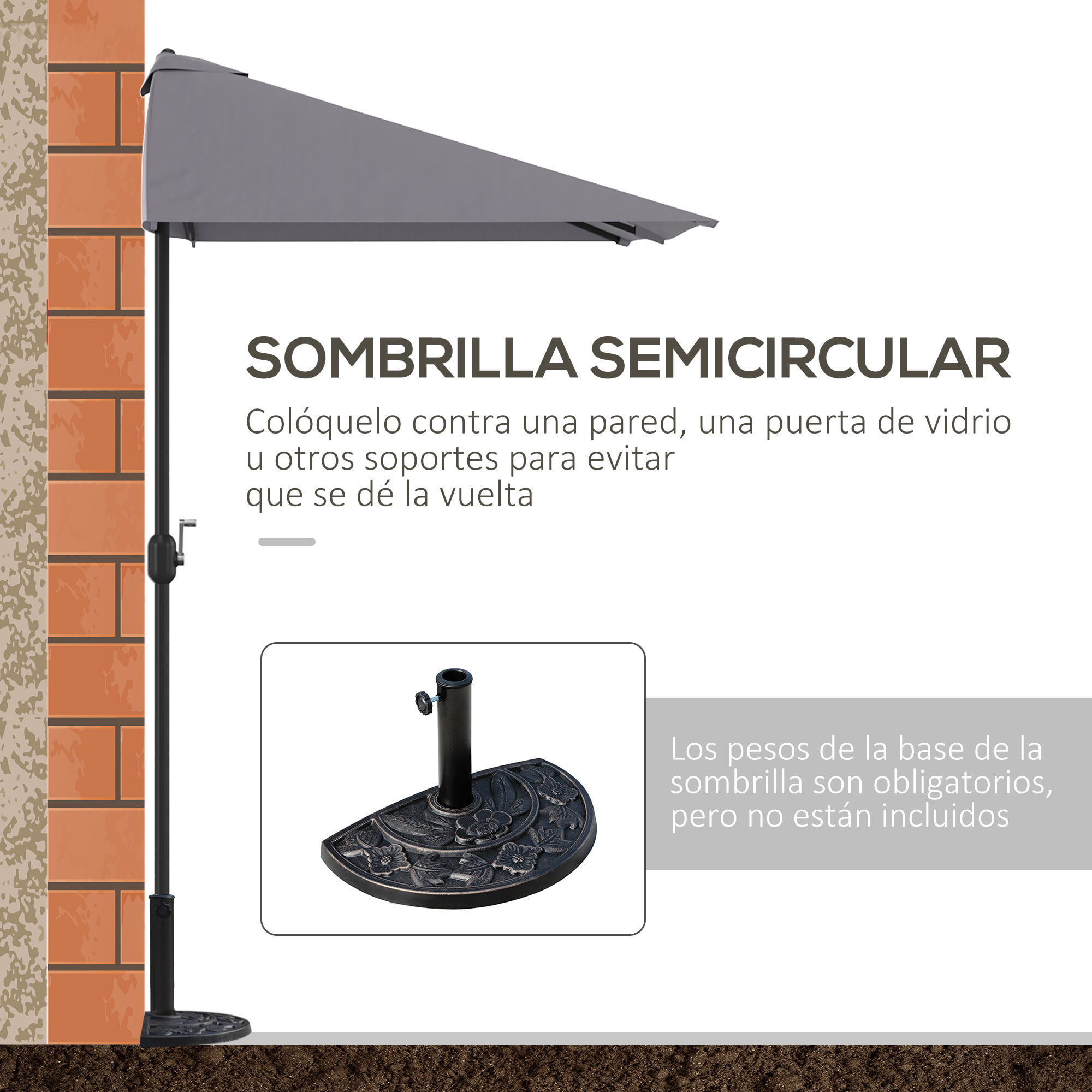 Outsunny Sombrilla Semicircular 230x130x245 cm Parasol Pared con Manivela Gris