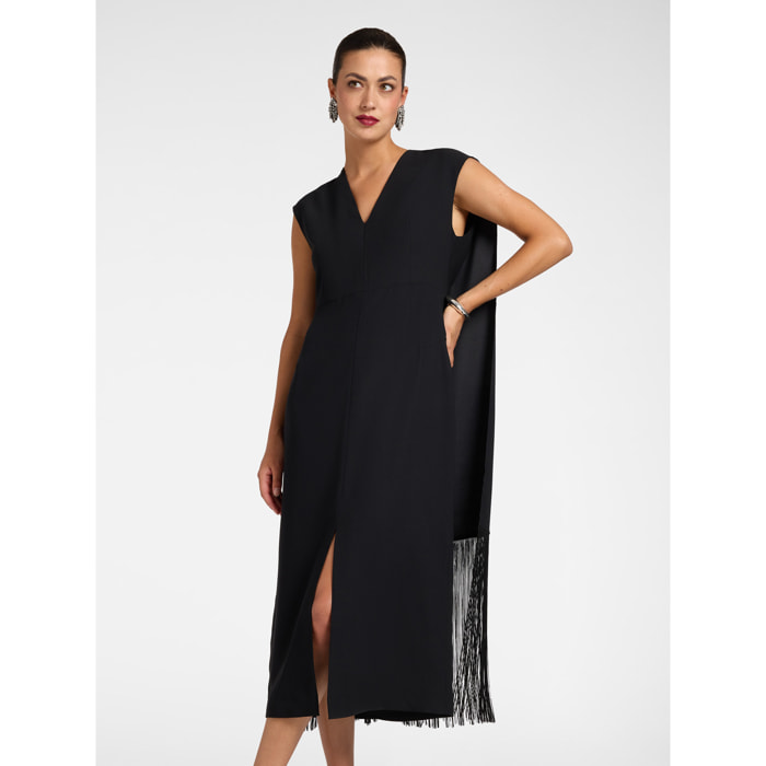 Elena Mirò - Vestido largo en enver satin con flecos - Negro
