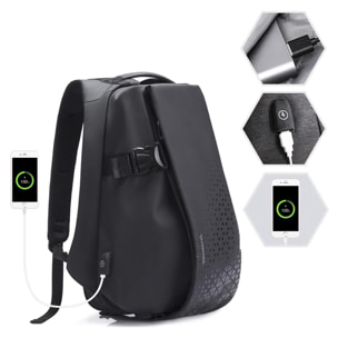 DAM Mochila multi compartimento con capa impermeable. Toma USB externa. Laptop 17'' + Tablet 9,7''. 31x18x48 Cm. Color: Negro