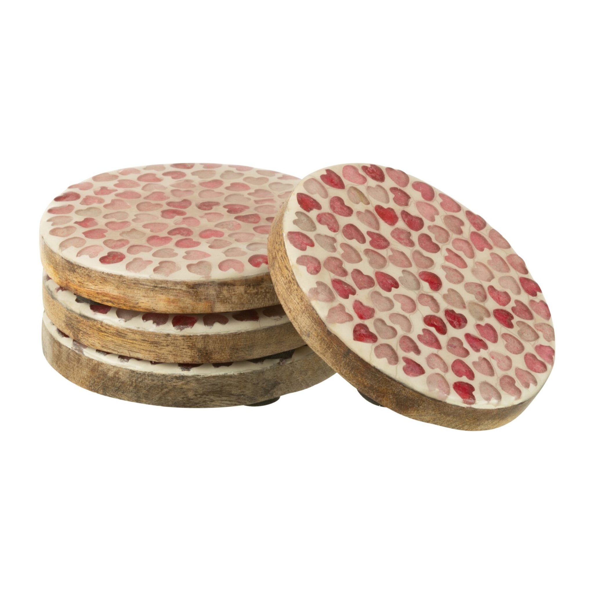 J-Line dessous de verre Coeur Mozaiek - bois - rose - set de 4