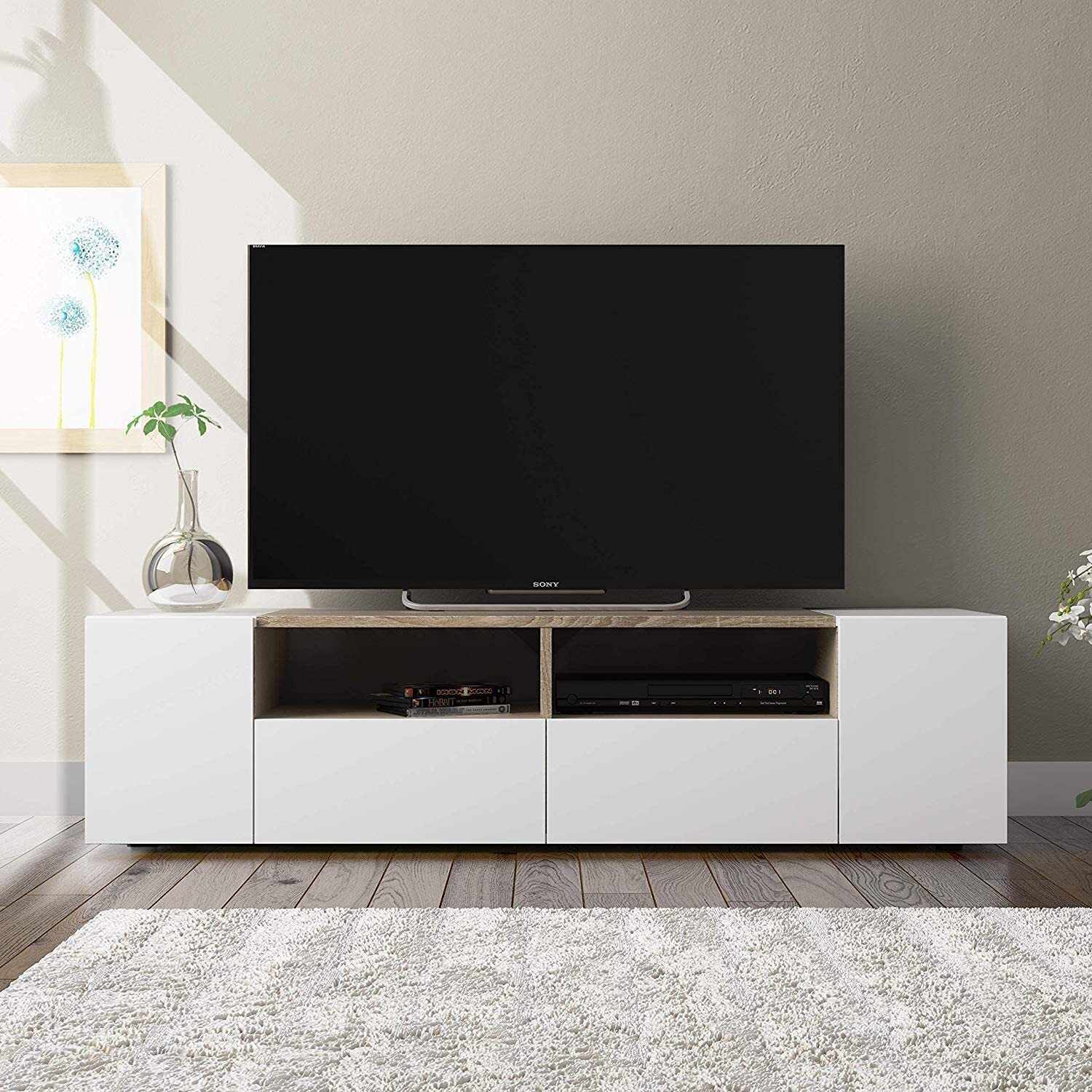 Mobile Porta TV Moderno Con Ante E Vani a Giorno Parete Attrezzata Salvaspazio Per Soggiorno Salotto Cameretta Camera 138x40.2x34 Cm Bianco E Rovere