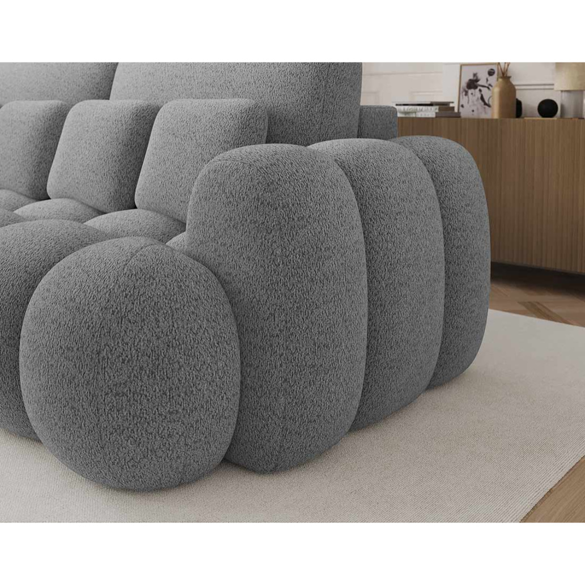 Dorian - Canapé droit 3 places convertible avec coffre en tissu bouclette - Gris clair