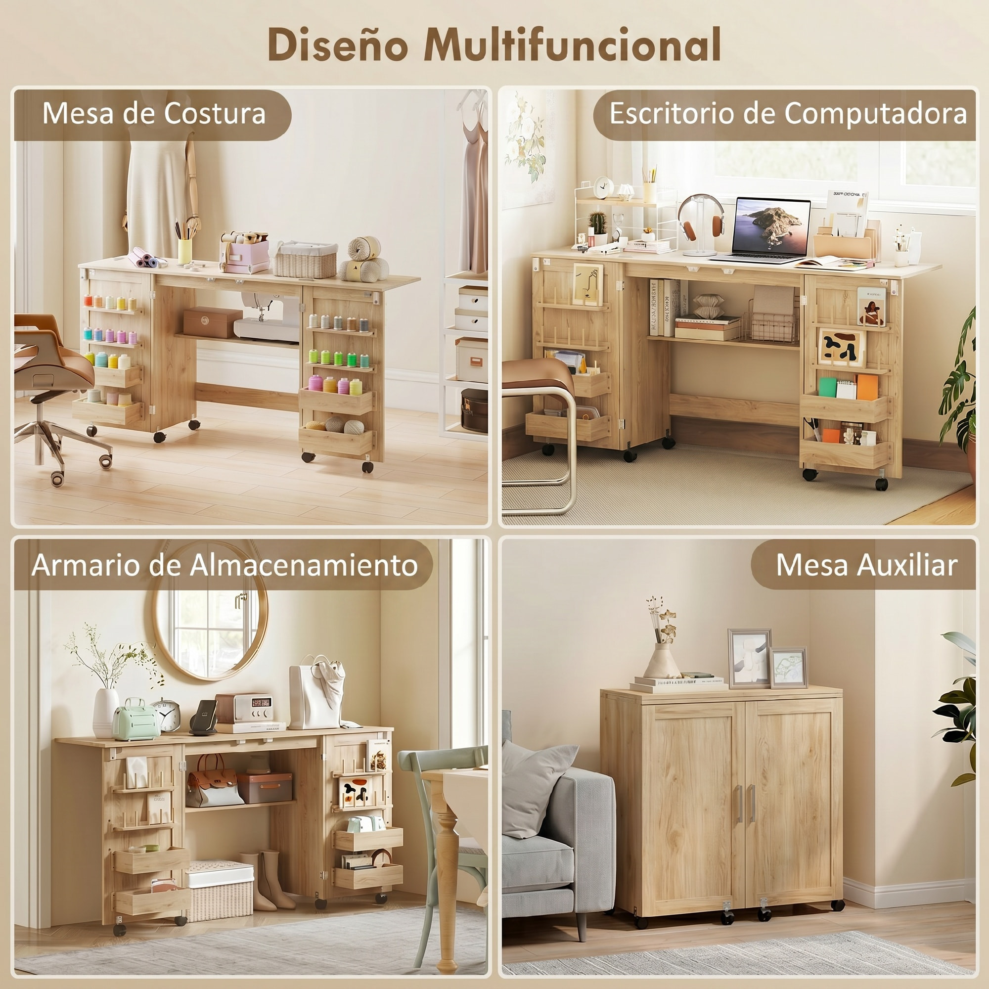 Mesa de Costura Plegable con 6 Ruedas, Mueble para Máquina de Coser con 20 Clavijas para Hilos, 4 Compartimentos, Estante, Armario de Costura para Estudio, Salón, Dormitorio, Roble