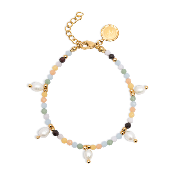 Pulsera Crystal Perlas Acero Baño Oro