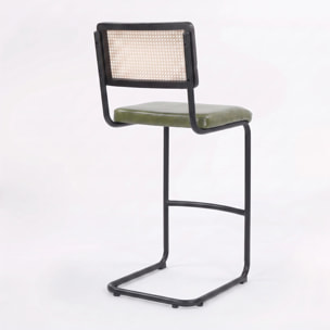Lot de 2 chaises de bar 76 cm en cannage et cuir vert - Léandre