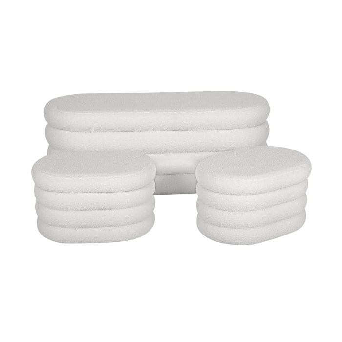 Banc coffre en bouclettes blanches avec 2 poufs ovales de rangement intégrés - L111cm