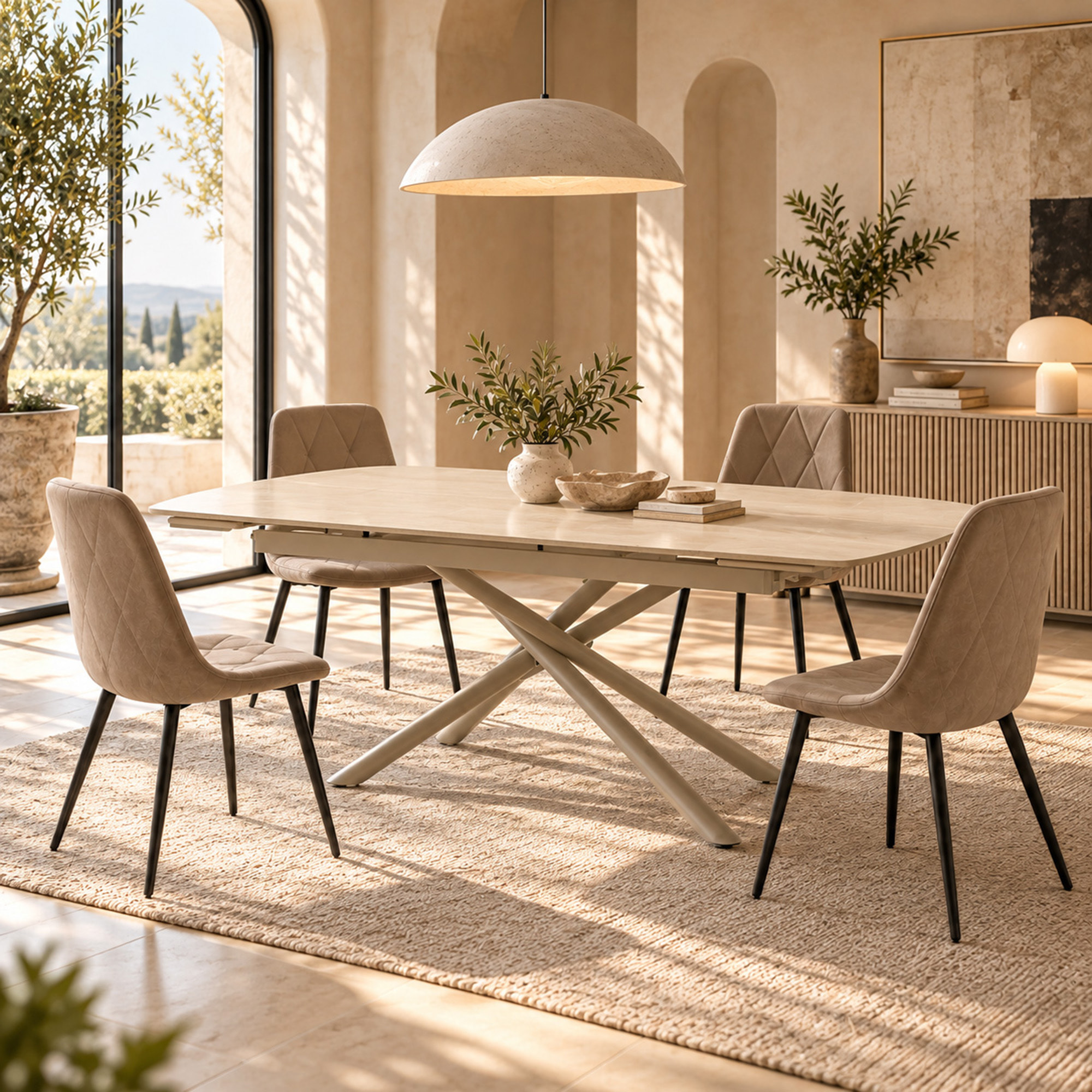 Tavolo allungabile BONIFACIO in ceramica,finitura travertino e gambe in metallo verniciato beige - 160-220×80x76 cm