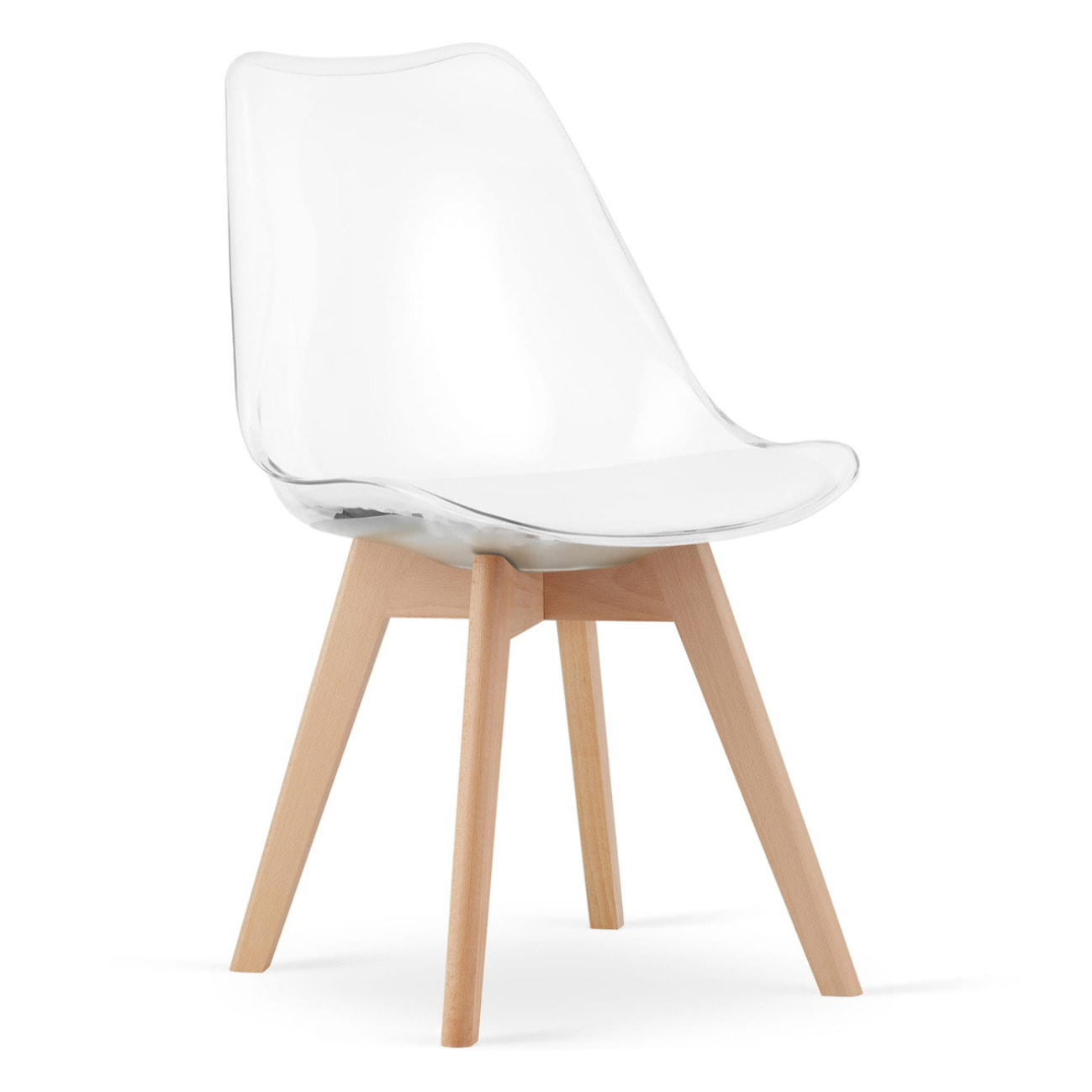 Sedia Mark trasparente con cuscino bianco e gambe in faggio