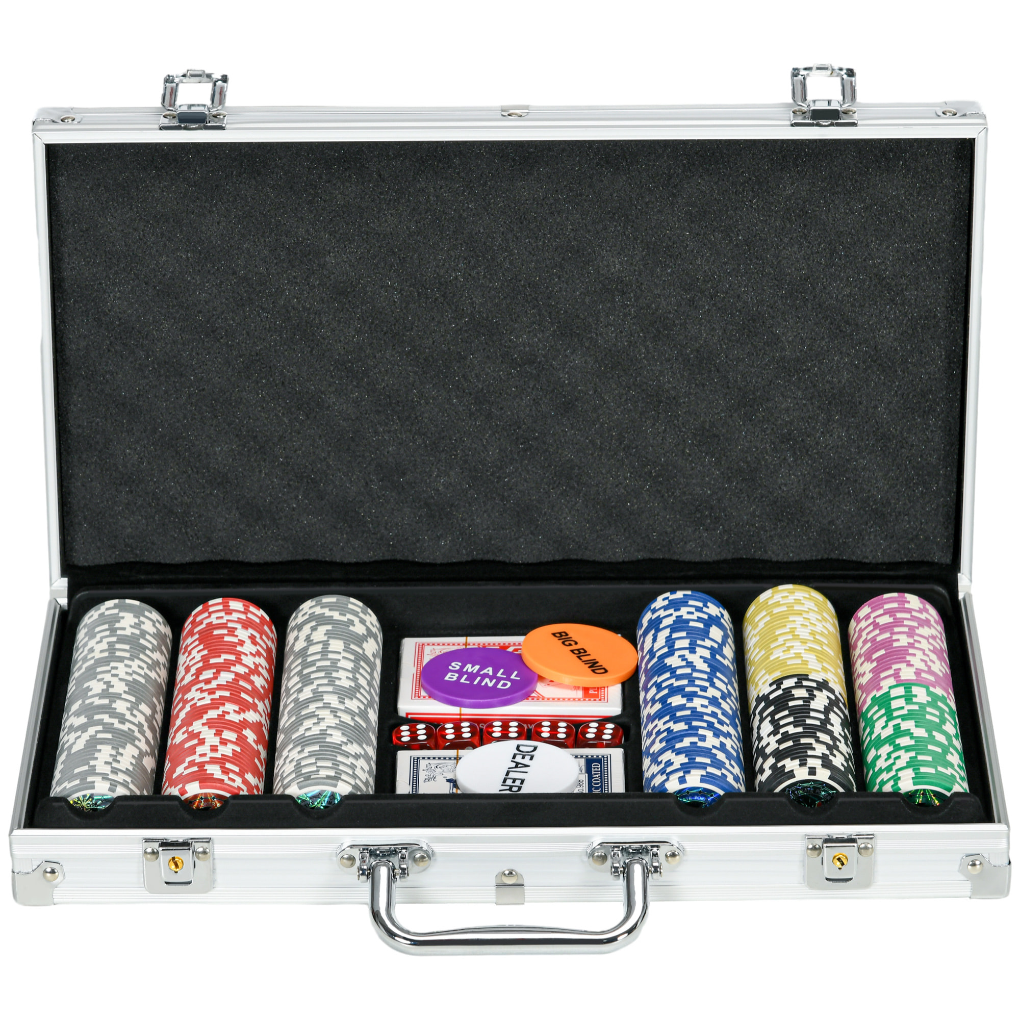 Juego de Póker Profesional, Maletín de Póker de Aluminio con 300 Fichas de 11,5 g, 2 Barajas de Cartas, 5 Dados, Tapete y Botón de Crupier, para 7-8 Jugadores con Cerradura, Plateado
