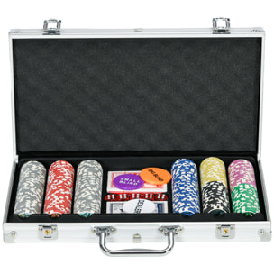 Juego de Póker Profesional, Maletín de Póker de Aluminio con 300 Fichas de 11,5 g, 2 Barajas de Cartas, 5 Dados, Tapete y Botón de Crupier, para 7-8 Jugadores con Cerradura, Plateado