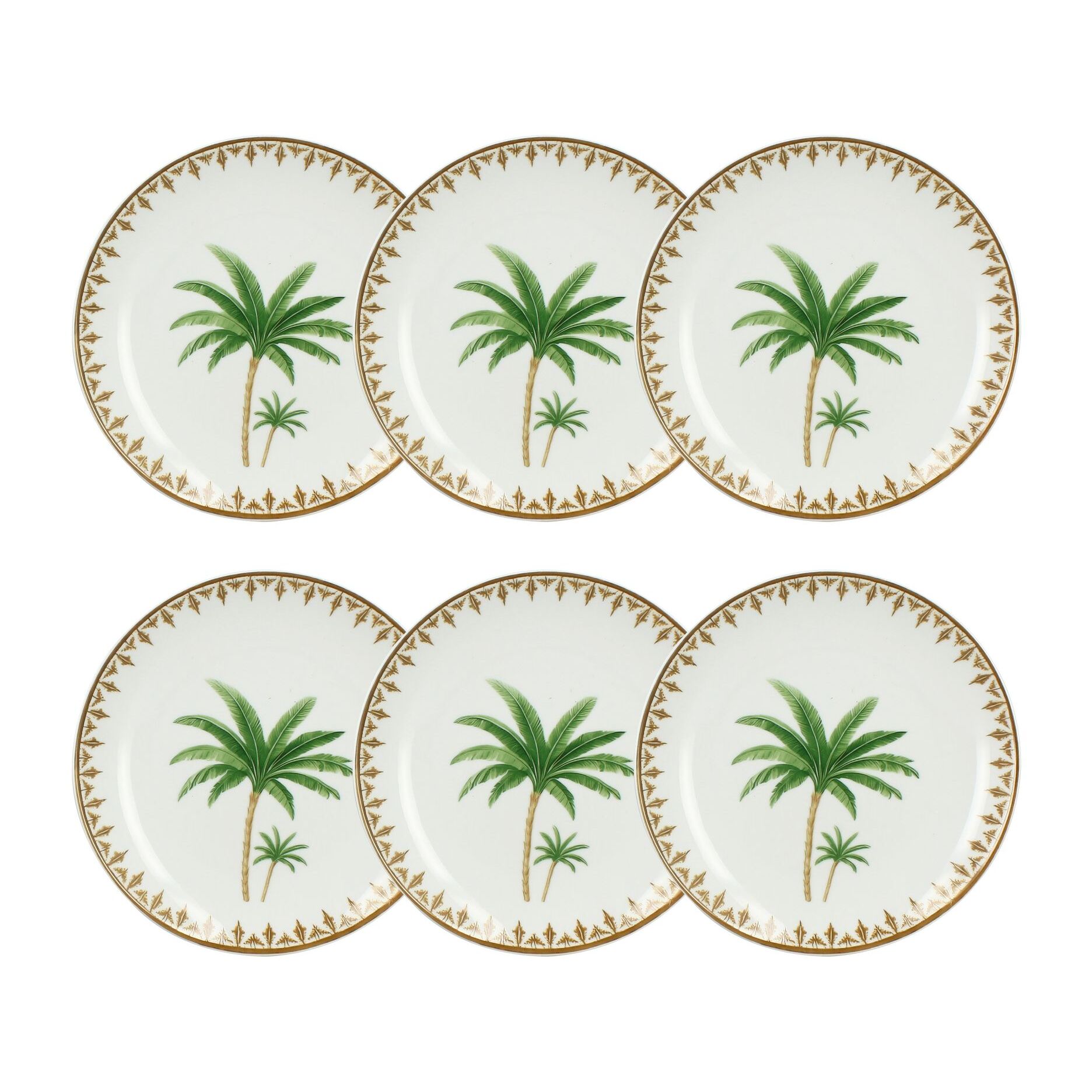 Lot de 6 assiettes à dessert 20cm en porcelaine à imprimé palmier ATLAS