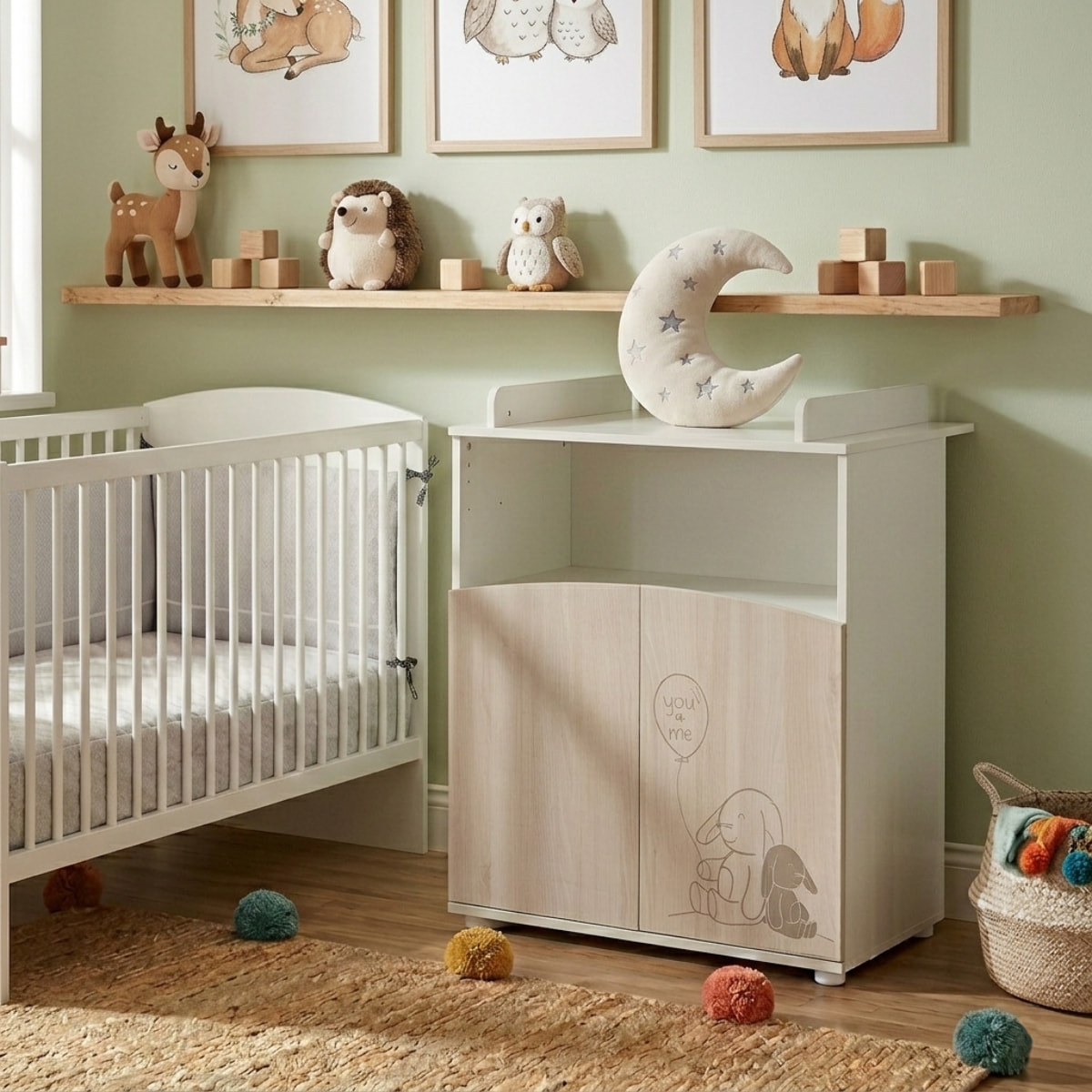 Commode à langer 2 portes et une niche décor bois