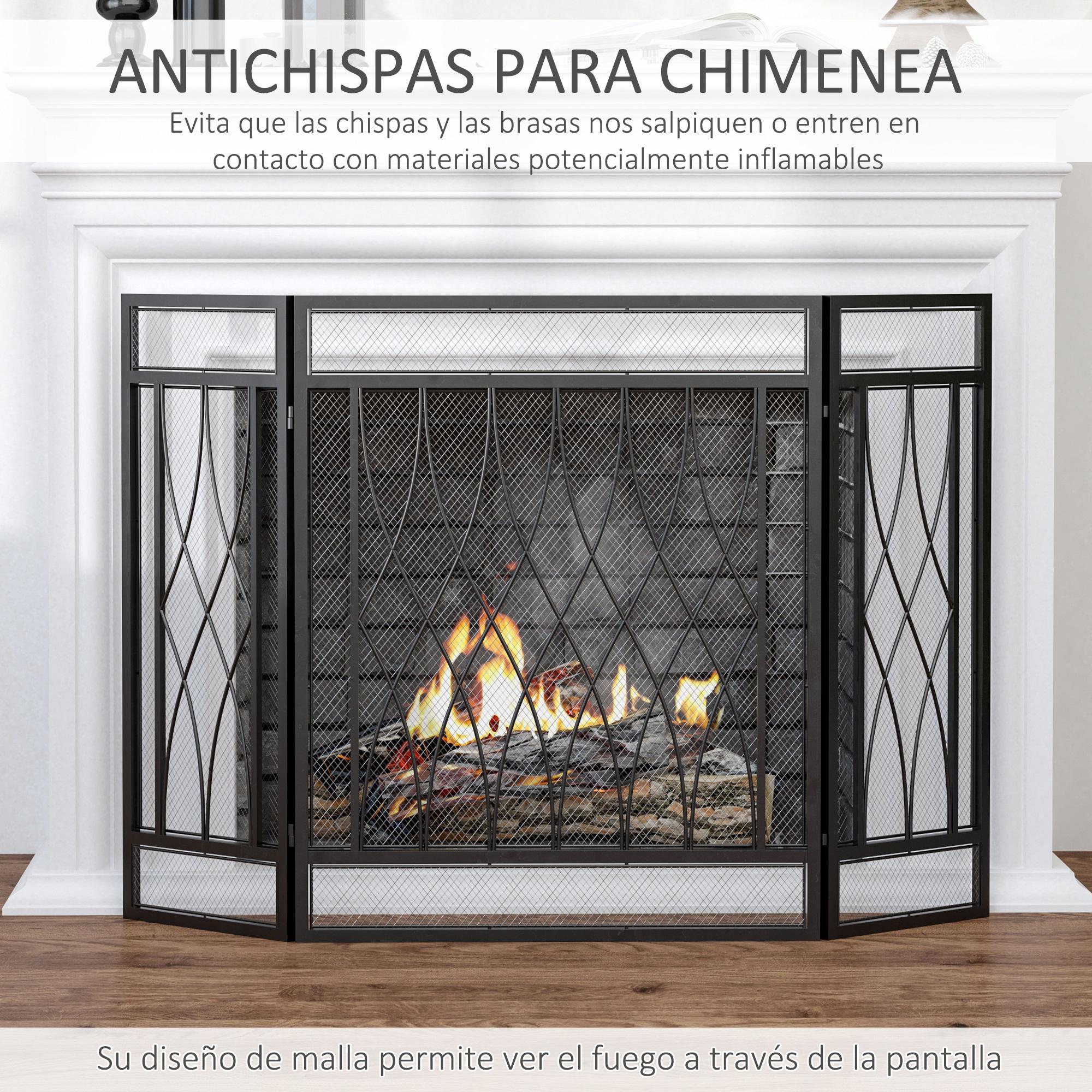 Salvachispas Plegable Pantalla Protectora de Chimenea 3 Paneles con Bisagras y Estructura de Metal Decorativa 126x3x80 cm Negro