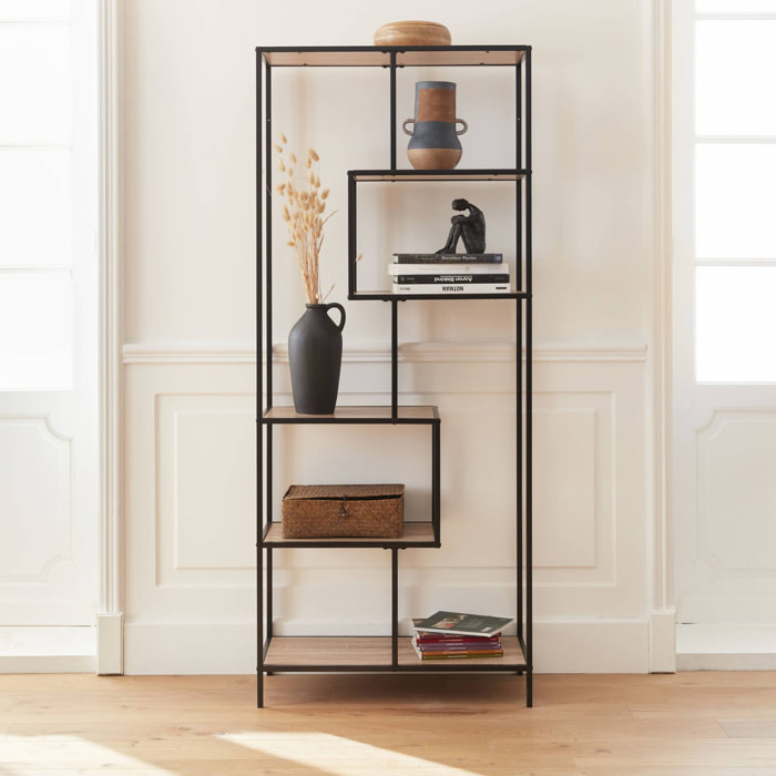 Etagère en métal noir et décor bois - Loft - bibliothèque 6 niveaux. L 77 x l 33 x H 185cm